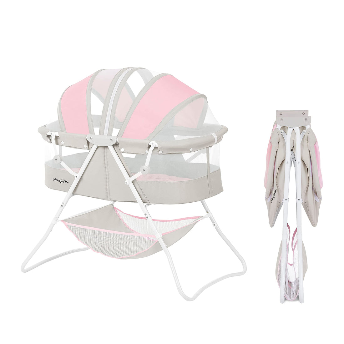 Dream On Me Karley Baby Bassinet in Grey and Pink, Lightweight Portable, Quick Fold and Easy to Carry , Adjustable Double Canopy, Indoor and Outdoor with Large Storage Basket.