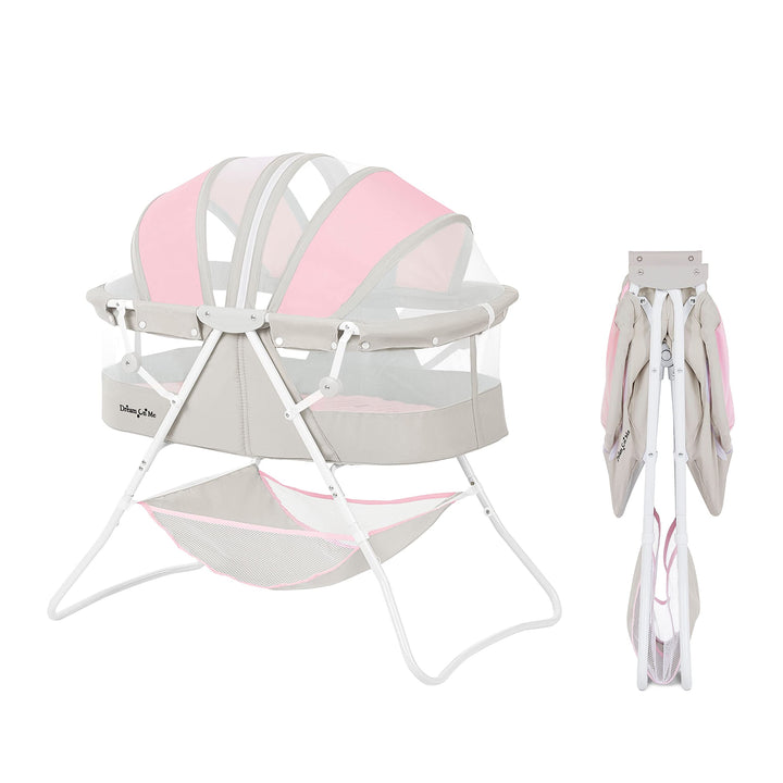Dream On Me Karley Baby Bassinet in Grey and Pink, Lightweight Portable, Quick Fold and Easy to Carry , Adjustable Double Canopy, Indoor and Outdoor with Large Storage Basket.