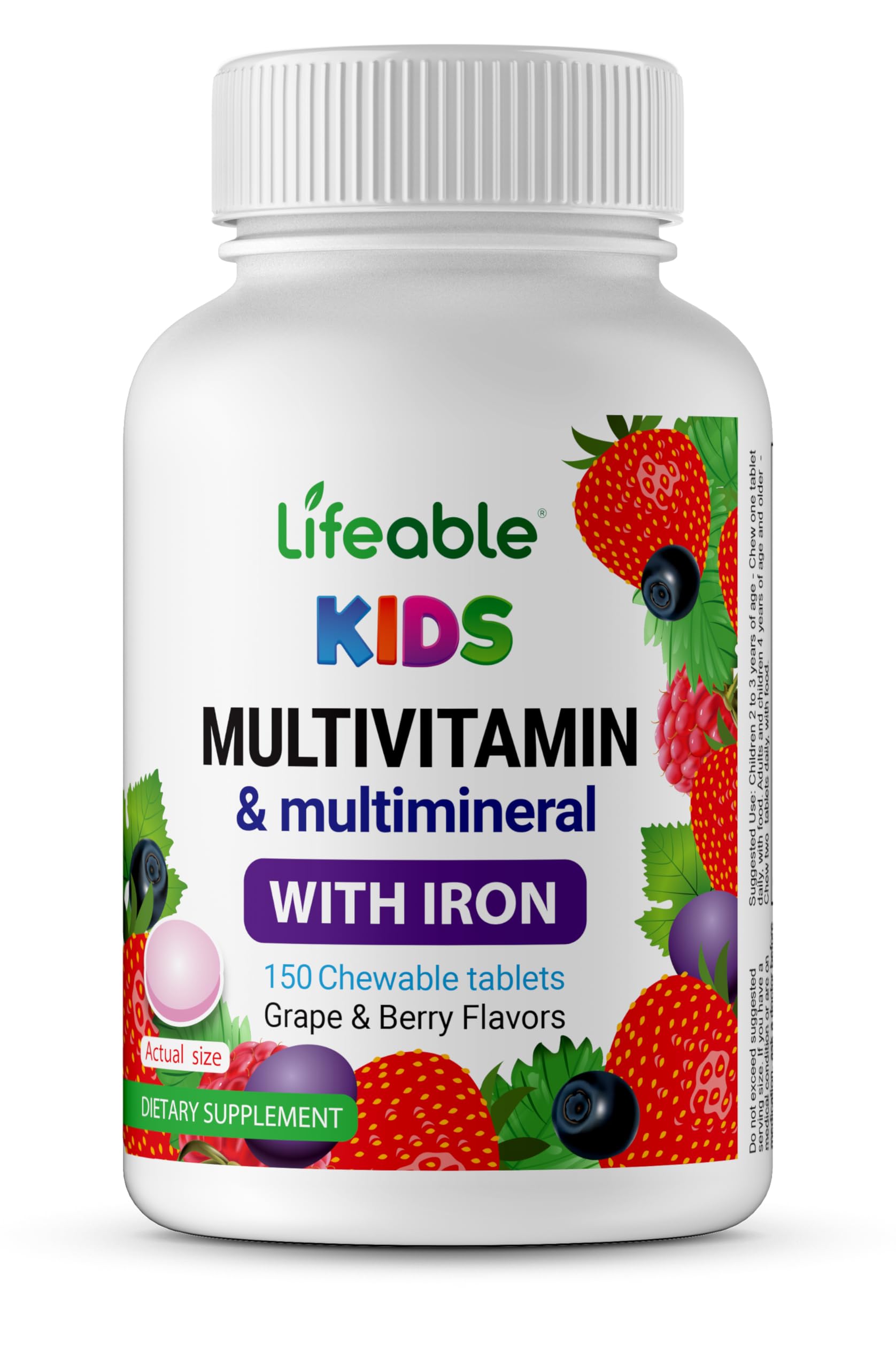 Lifeable Multivitamin & Multimineral with Iron Chewables for Kids – Vegetarian – Gluten Free Vegetarian – Great Tasting - Natural Flavored Pectin Chews with Vitamins A, B, C, D & E – 150 Count