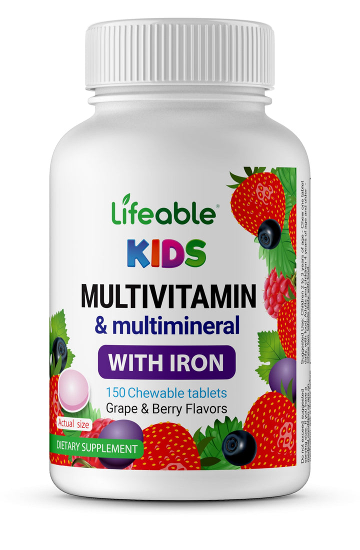 Lifeable Multivitamin & Multimineral with Iron Chewables for Kids – Vegetarian – Gluten Free Vegetarian – Great Tasting - Natural Flavored Pectin Chews with Vitamins A, B, C, D & E – 150 Count