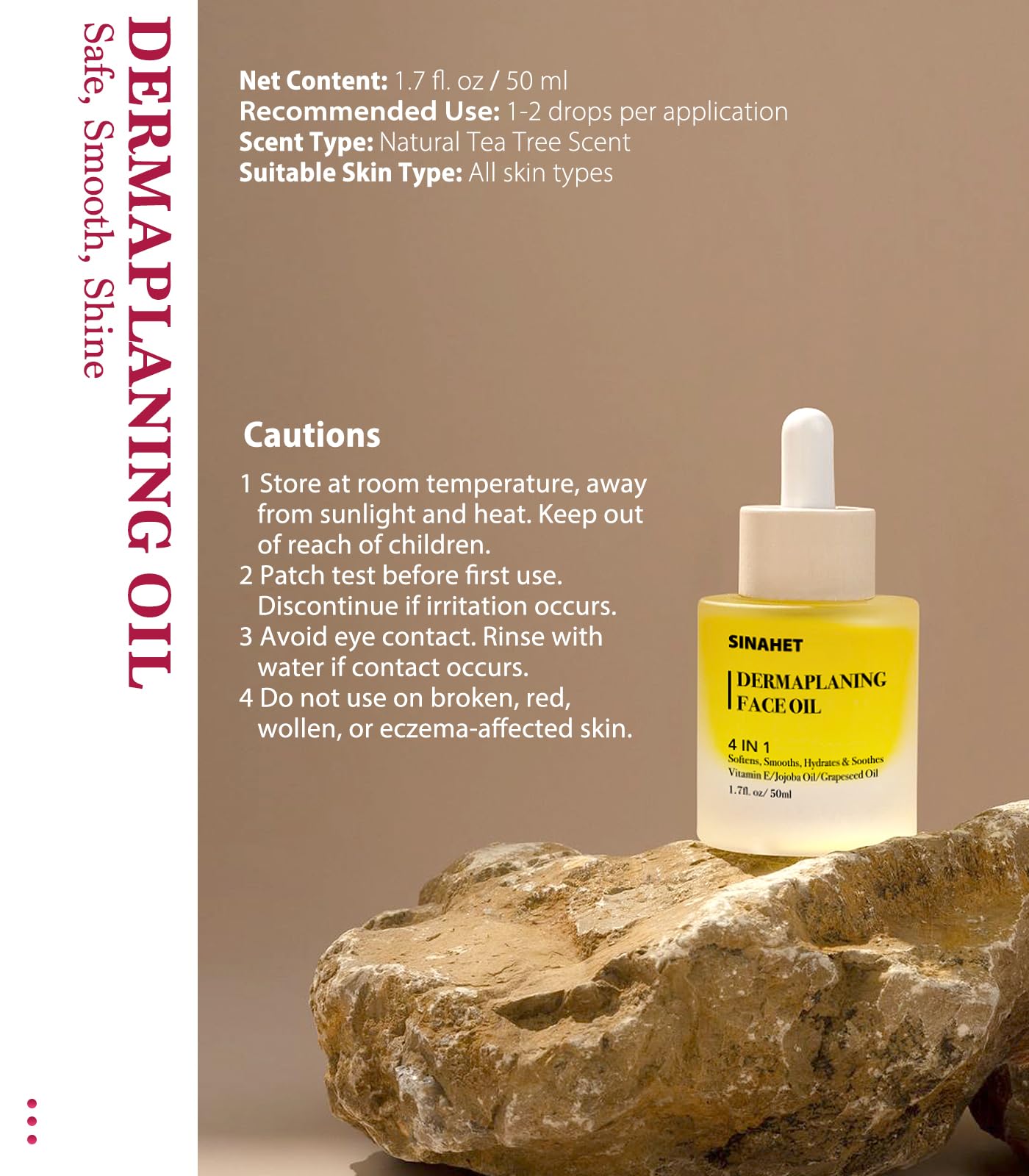 SINAHET Dermaplaning Oil, Natural Moisturizing Shave Oil for Face & Body Hair, Skin Soothing Oil made with essence of Jojoba, Vitamin E, Tea Tree, and Grape Seed (1.7fl. oz/50ml)