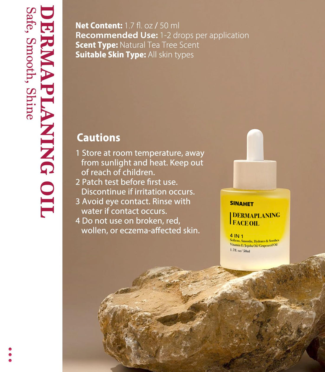 SINAHET Dermaplaning Oil, Natural Moisturizing Shave Oil for Face & Body Hair, Skin Soothing Oil made with essence of Jojoba, Vitamin E, Tea Tree, and Grape Seed (1.7fl. oz/50ml)