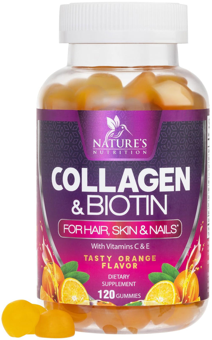 Collagen Gummies with 2500mcg Biotin, Vitamin C & Zinc - Hydrolyzed Collagen Peptide Type 1 & 3 Supplement - Advanced Hair, Skin & Nail Growth Support for Women & Men, Gluten Free, Non-GMO - 120 Count