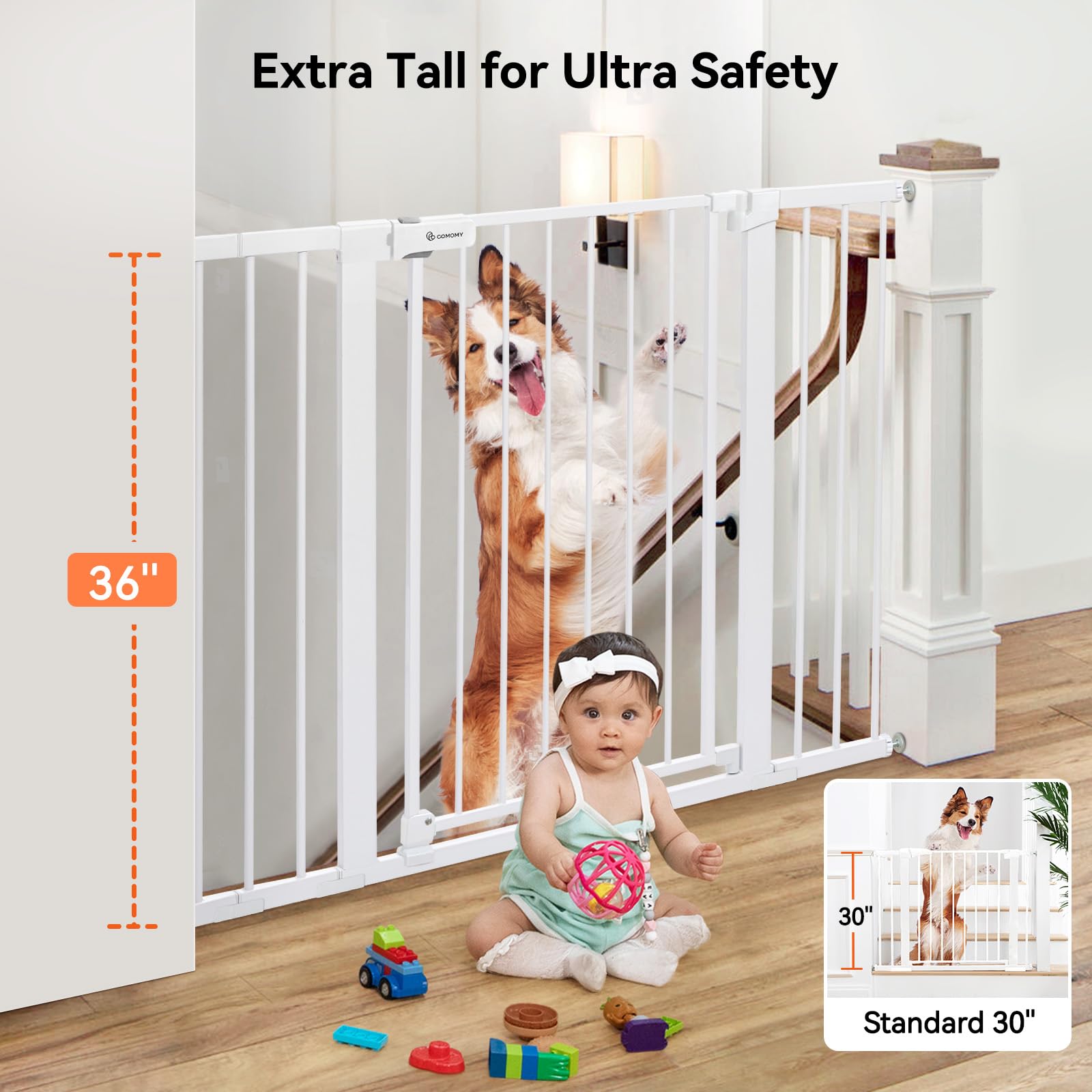 COMOMY 36 Extra Tall Baby Gate for Stairs Doorways, Fits Openings 29.5 to 48.8 Wide, Auto Close Extra Wide Dog Gate for House, Pressure Mounted Easy Walk Through Pet Gate with Door, White
