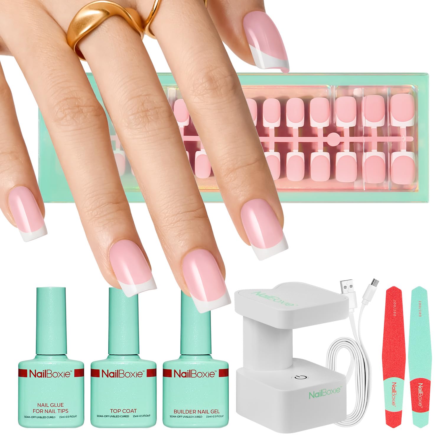 Modelones Press On Nails Kit with Top Coat Nail Glue for Nail Tips Builder Nail Gel 160 PCS Short Brown Square French Tip Press on Nails with LED Light for Easy DIY Nail Art