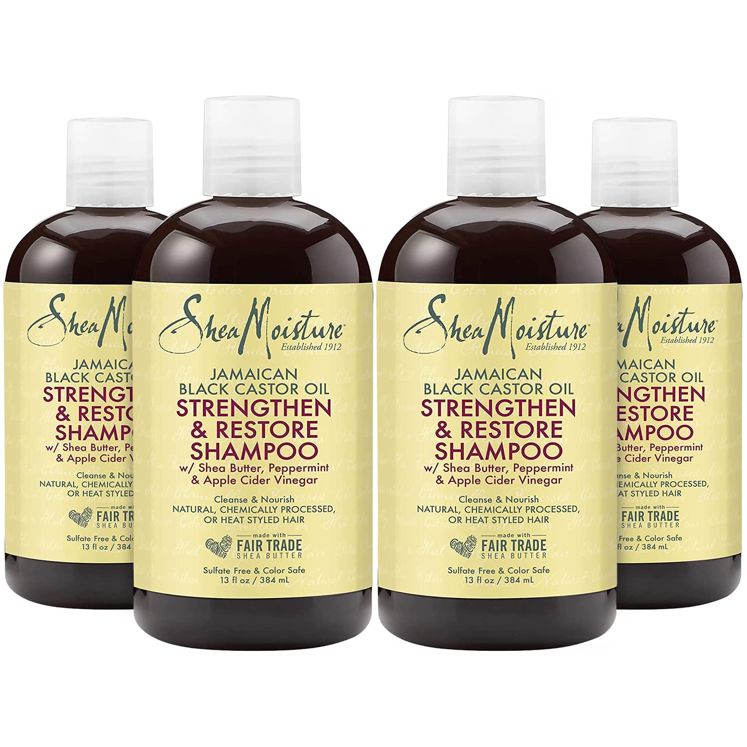 SheaMoisture Jamaican Black Castor Oil Strengthen & Restore Shampoo, Shea Butter, Peppermint & Apple Cider Vinegar, Sulfate Free, Chemically Processed Hair, 13 Fl Oz Ea (Pack of 4)