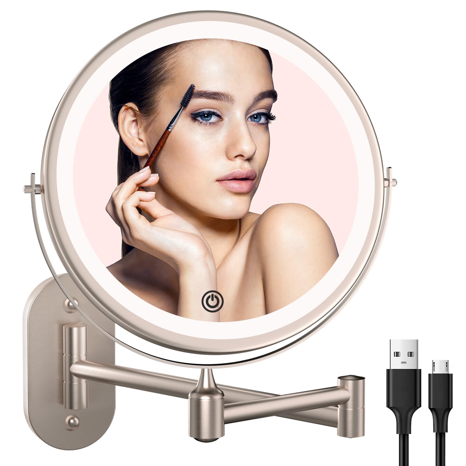 Rechargeable Wall Mounted Lighted Makeup Vanity Mirror 8 inch 1X/10X Magnifying Mirror with 3 Color Lights, Double Sided Bathroom Mirror with Dimmable LED Lights, Shaving Light up Mirror Brush Nickel