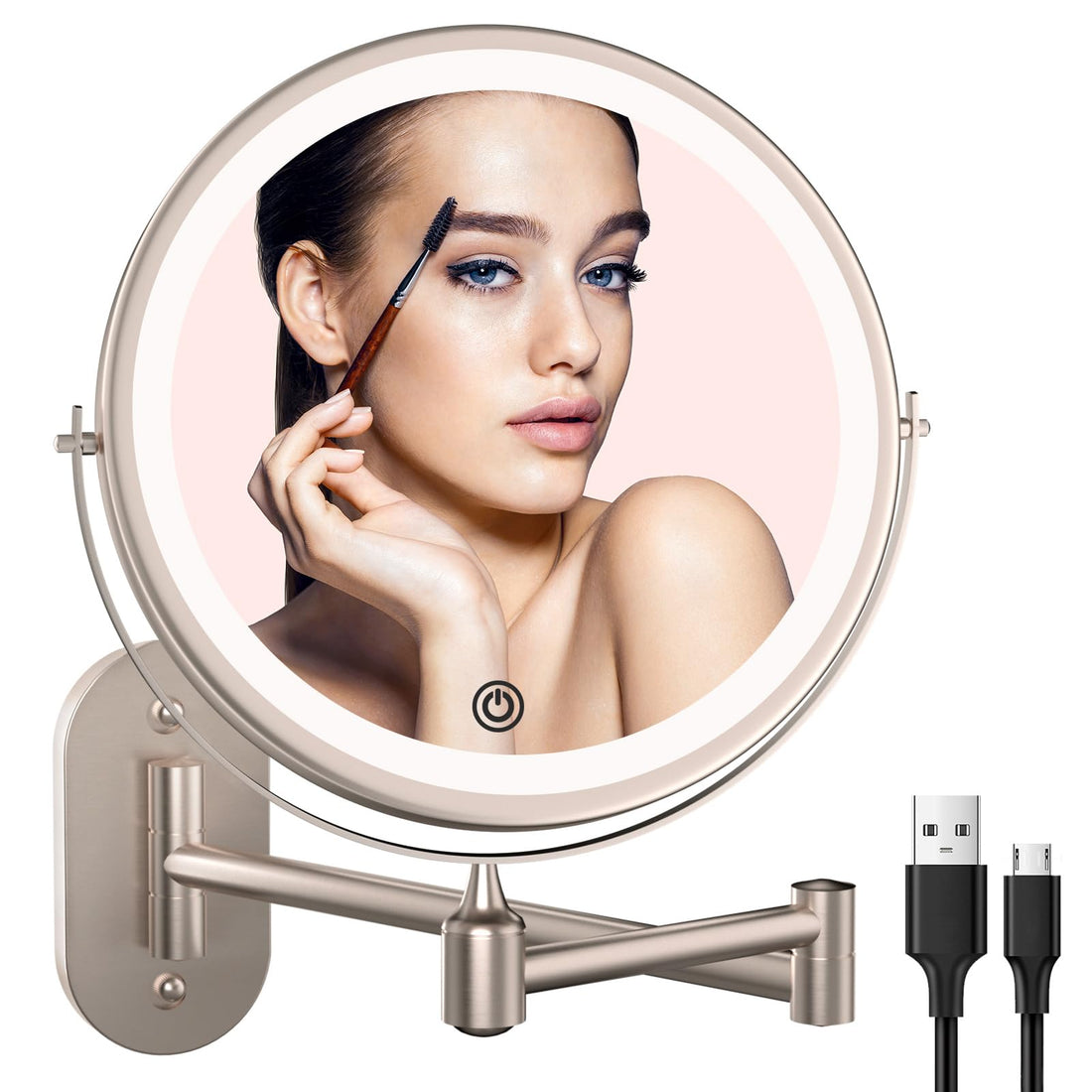 Rechargeable Wall Mounted Lighted Makeup Vanity Mirror 8 inch 1X/10X Magnifying Mirror with 3 Color Lights, Double Sided Bathroom Mirror with Dimmable LED Lights, Shaving Light up Mirror Brush Nickel