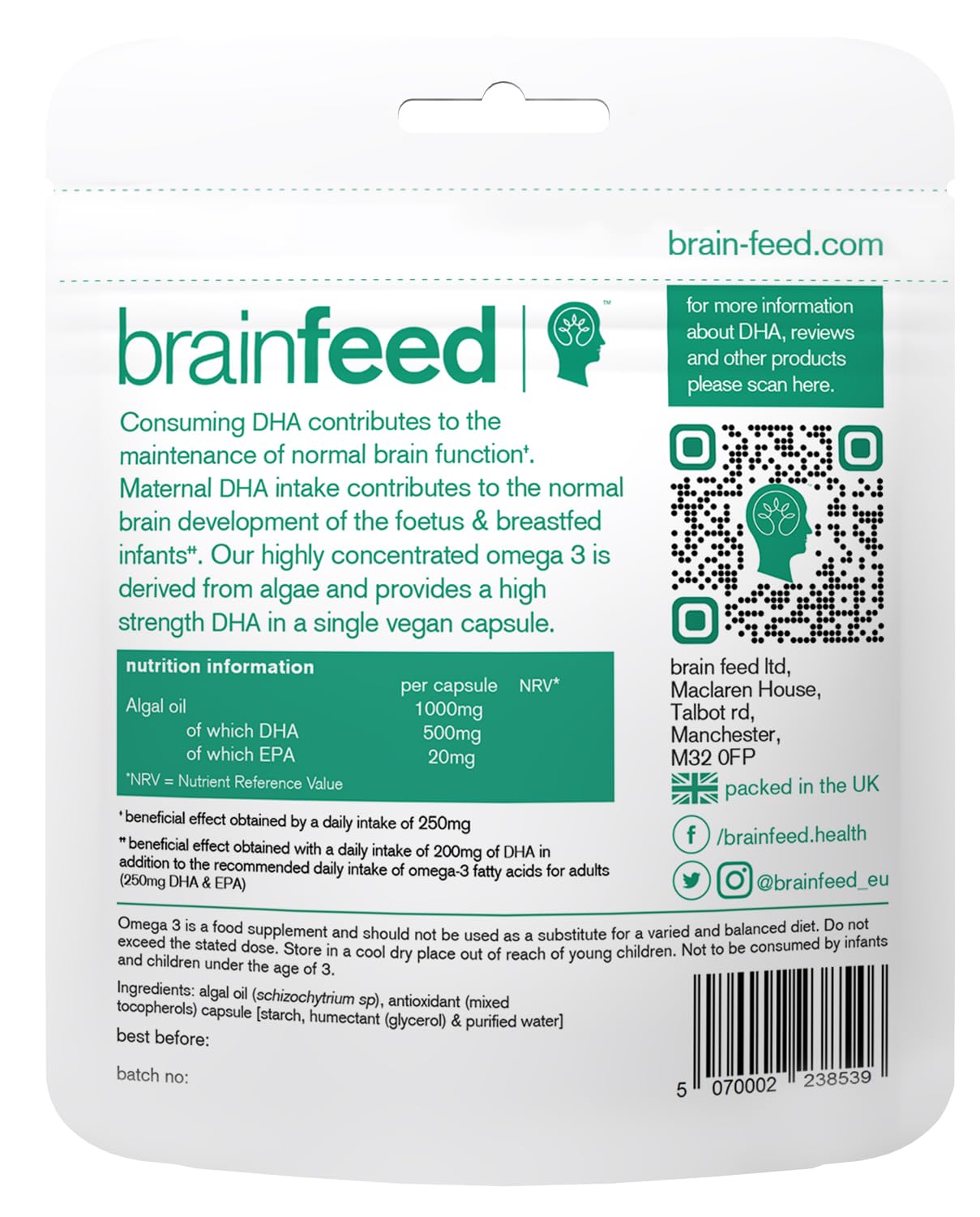 DHA Supplements (30) | Double Concentrate Omega 3 DHA 500mg PER Capsule - 1 a Day| Brain & Eye Health | Vegan DHA - Omega 3 Algae Oil |DHA 1000mg x 2 Capsules | Sustainable DHA Capsules