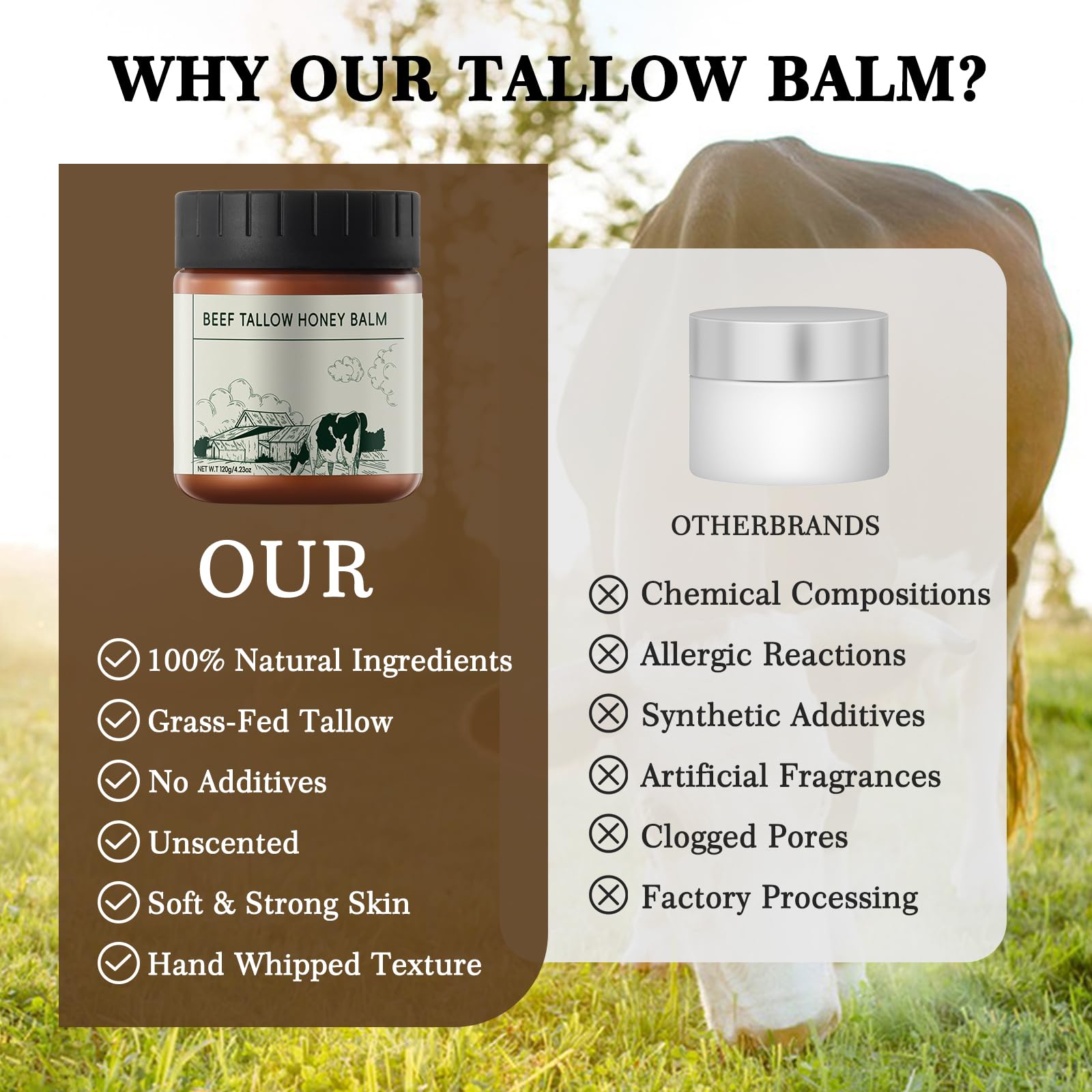 YAFUSIPE Beef Tallow and Honey Balm for Skin Daily Facial Moisturizer Natural Organic Grass-Fed Whipped Tallow Balm Blend Face Cream Body Lotion Skin Care for Women Hydrates and Nourishes 4.23OZ