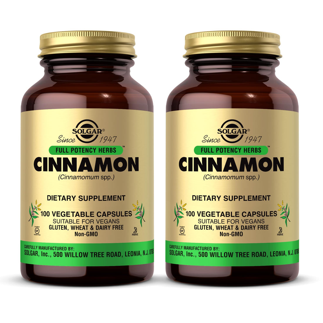 Solgar Cinnamon - 100 Vegetable Capsules, Pack of 2 - Full Potency (FP) - Non-GMO, Vegan, Gluten Free, Dairy Free, Kosher - 200 Total Servings