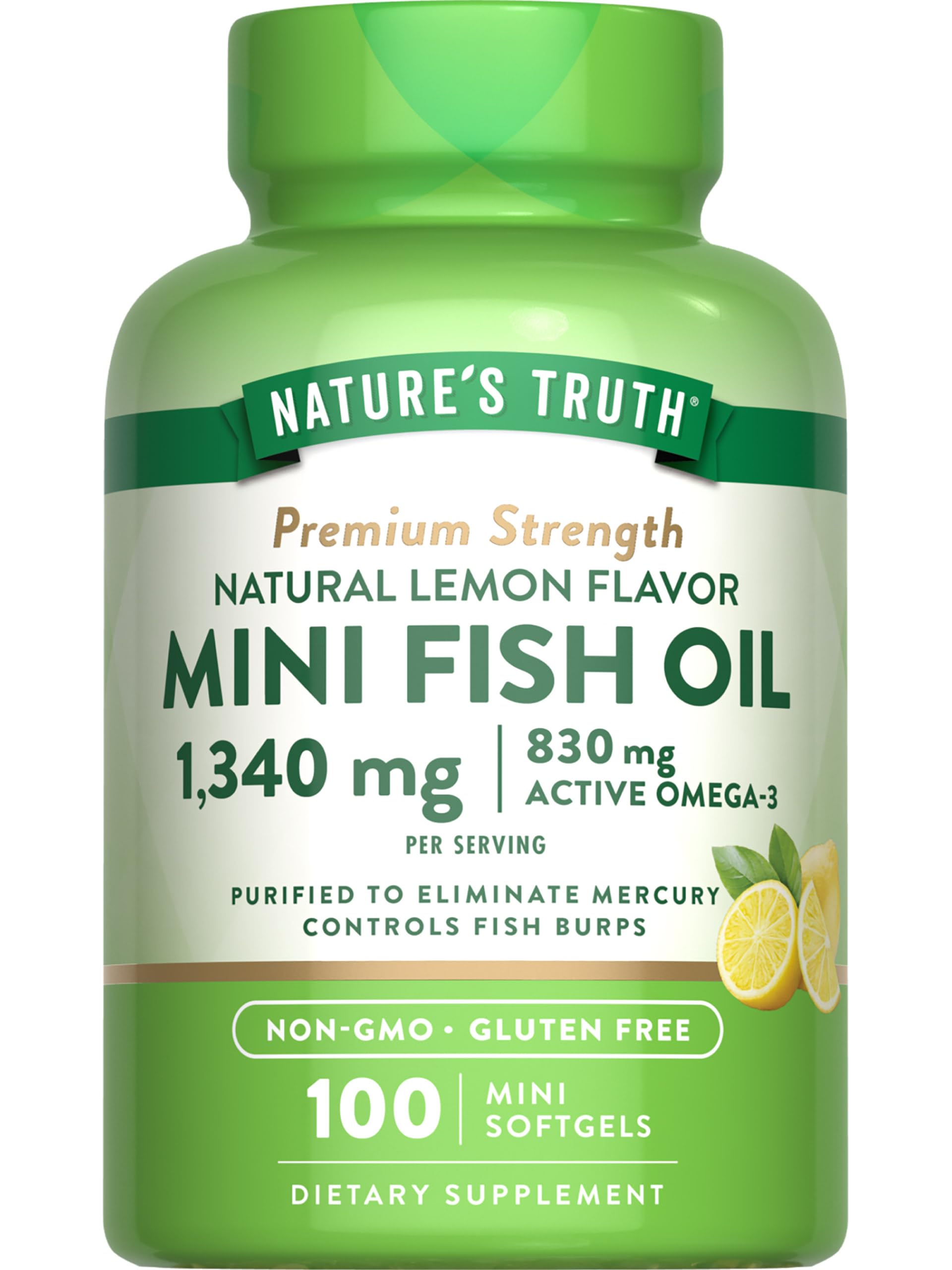 Nature's Truth Mini Fish Oil Omega 3 | 1340 mg | 100 Softgels | Burpless Lemon Flavor | Non-GMO & Gluten Free Supplement