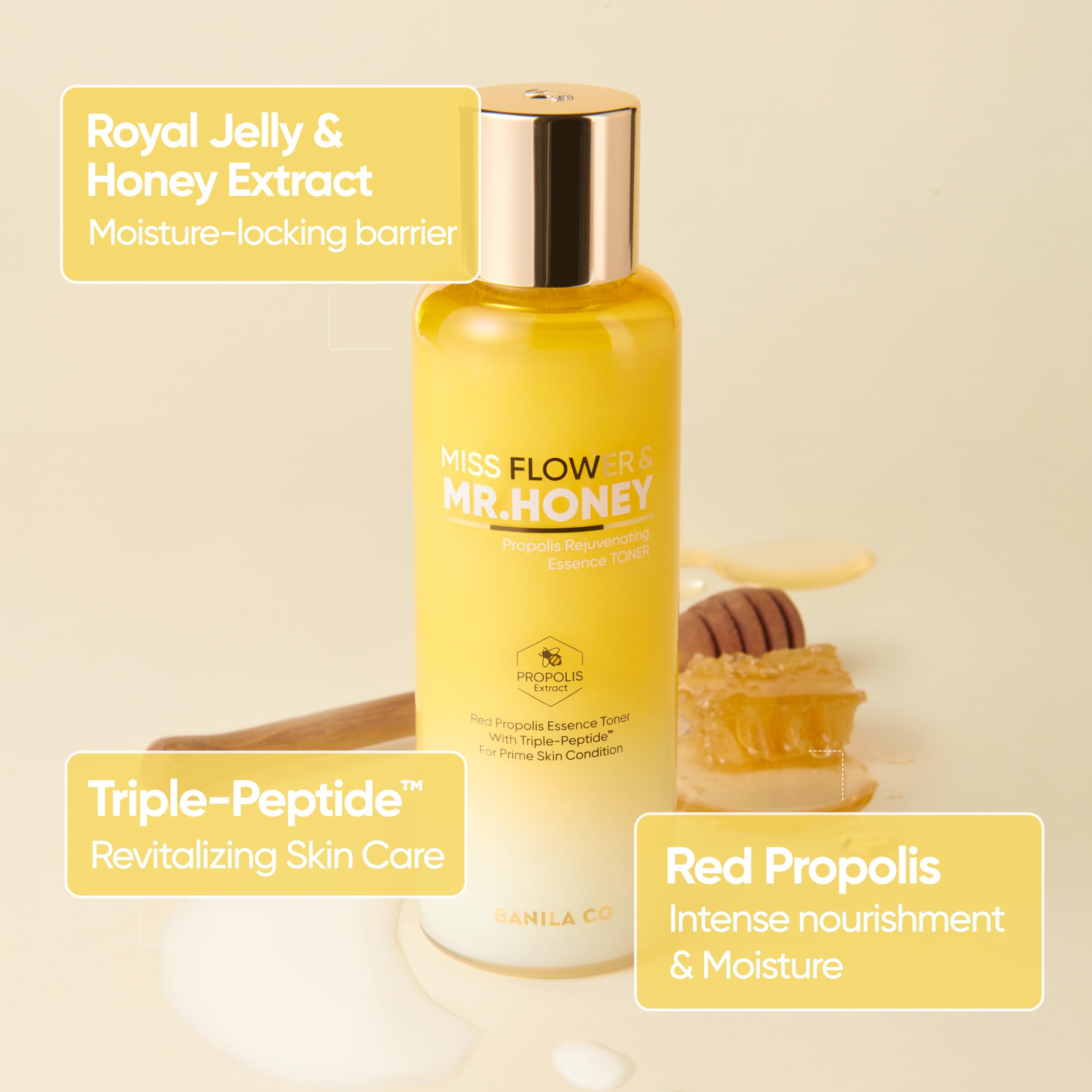 BANILA CO Miss Flower & Mr Honey Propolis Rejuvenating Essence Toner | Hydrating Toner with Propolis Extract & Royal Jelly | Hydrating Korean Skincare for Youthful Radiance (190ml / 6.42 fl oz)