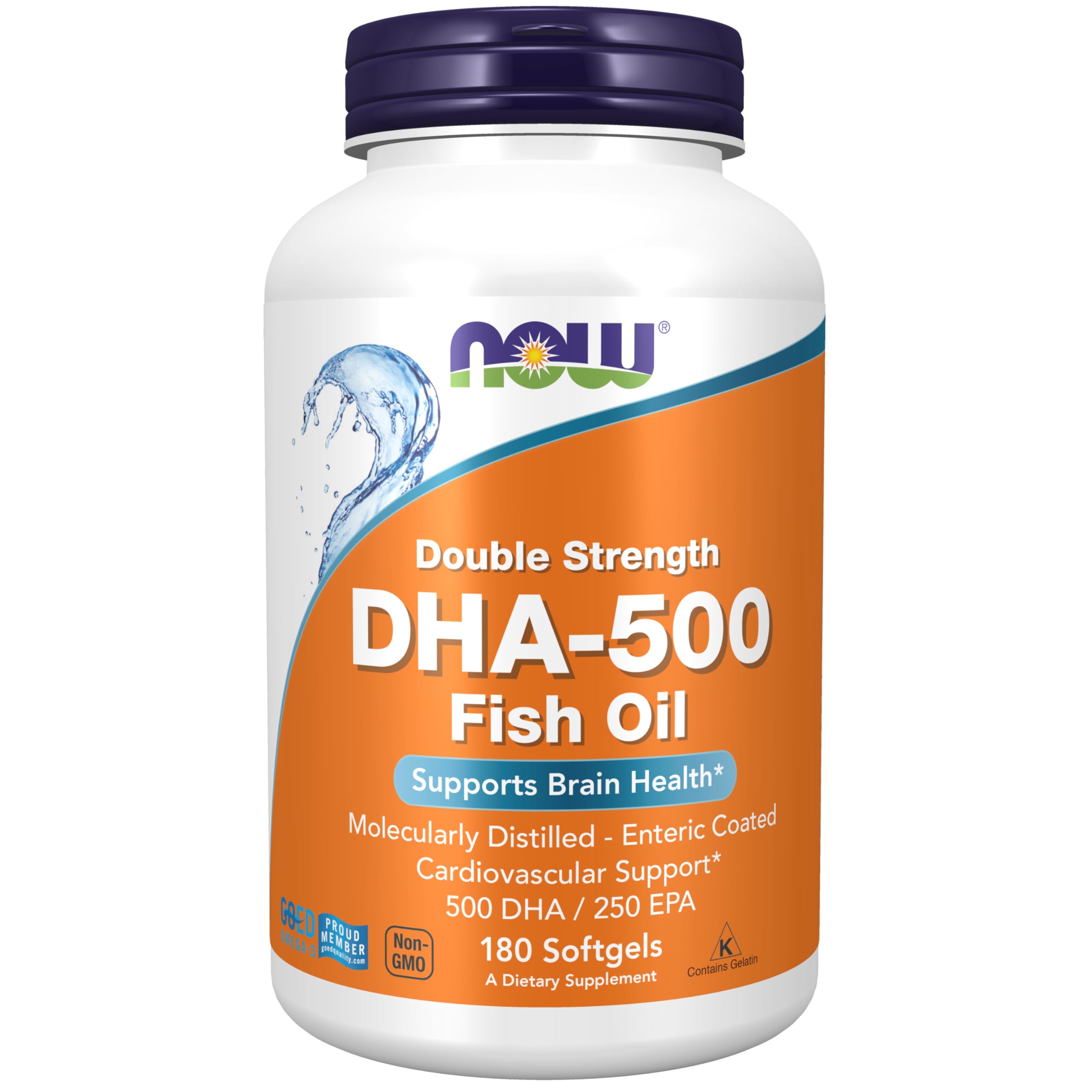 NOW Foods Supplements, DHA-500 with 250 EPA, Molecularly Distilled, Supports Brain Health*, 180 Softgels
