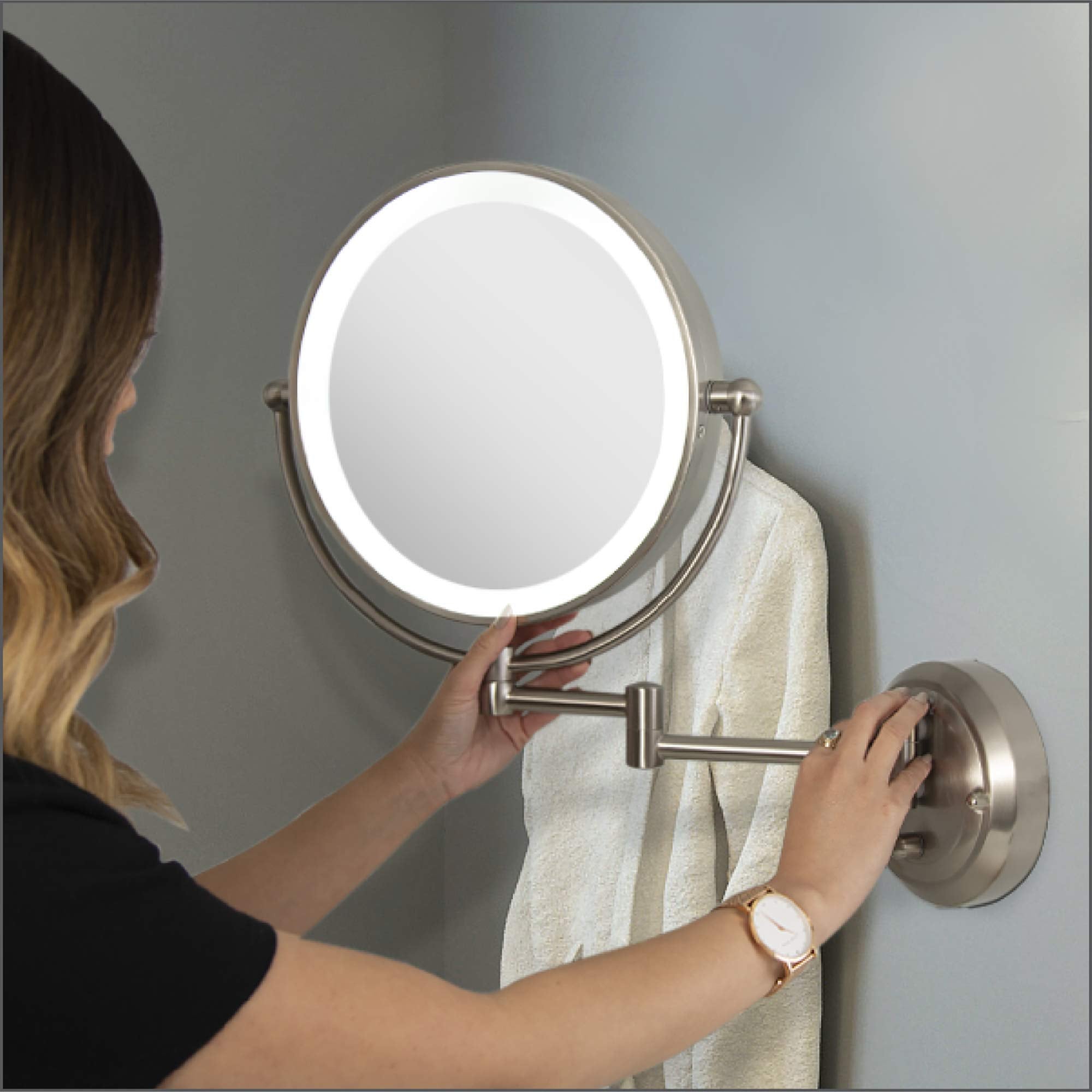 Zadro 5X Flurescent Surround Glamour Mirror Round Double Sided Dual Arm Hard Wire Ready, Satin Nickel, 14 inches