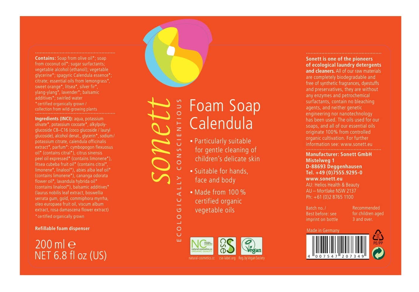 For Children Foam Soap: Sonett Organic Foam Soap For Kids Pure Plant-Based Oils And Essential Oils From Certified Organic Cultivation With Spagyric Calendula Essence 6.7 Fl. Oz
