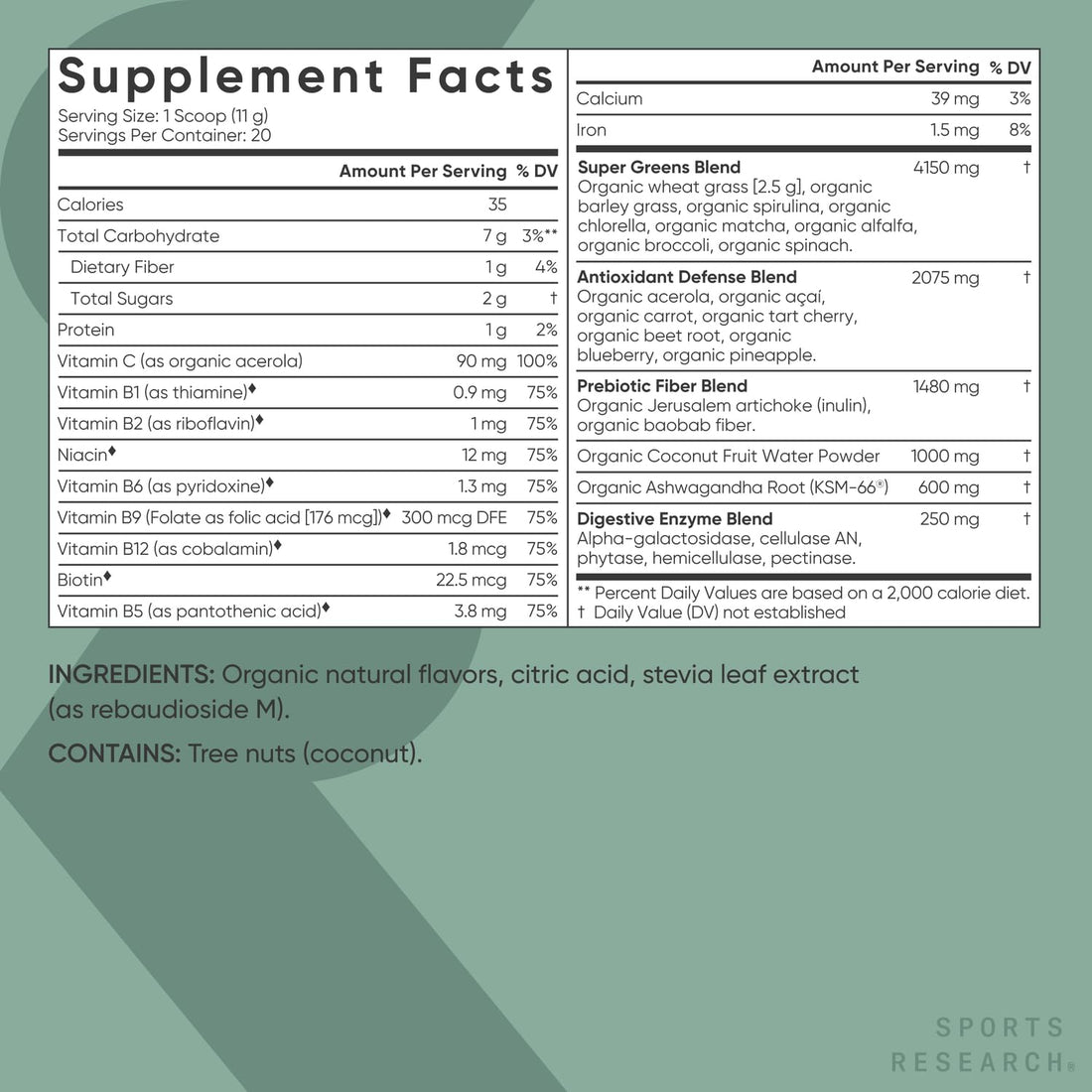 Sports Research® Organic Greens Superfood Powder w/Spirulina & Chlorella, Adaptogens, Enzymes, Probiotics & 8 VIT Bs for Gut & Mood Support* - Vegan, Sugar-Free & Low-Cal Pineapple Coconut 20