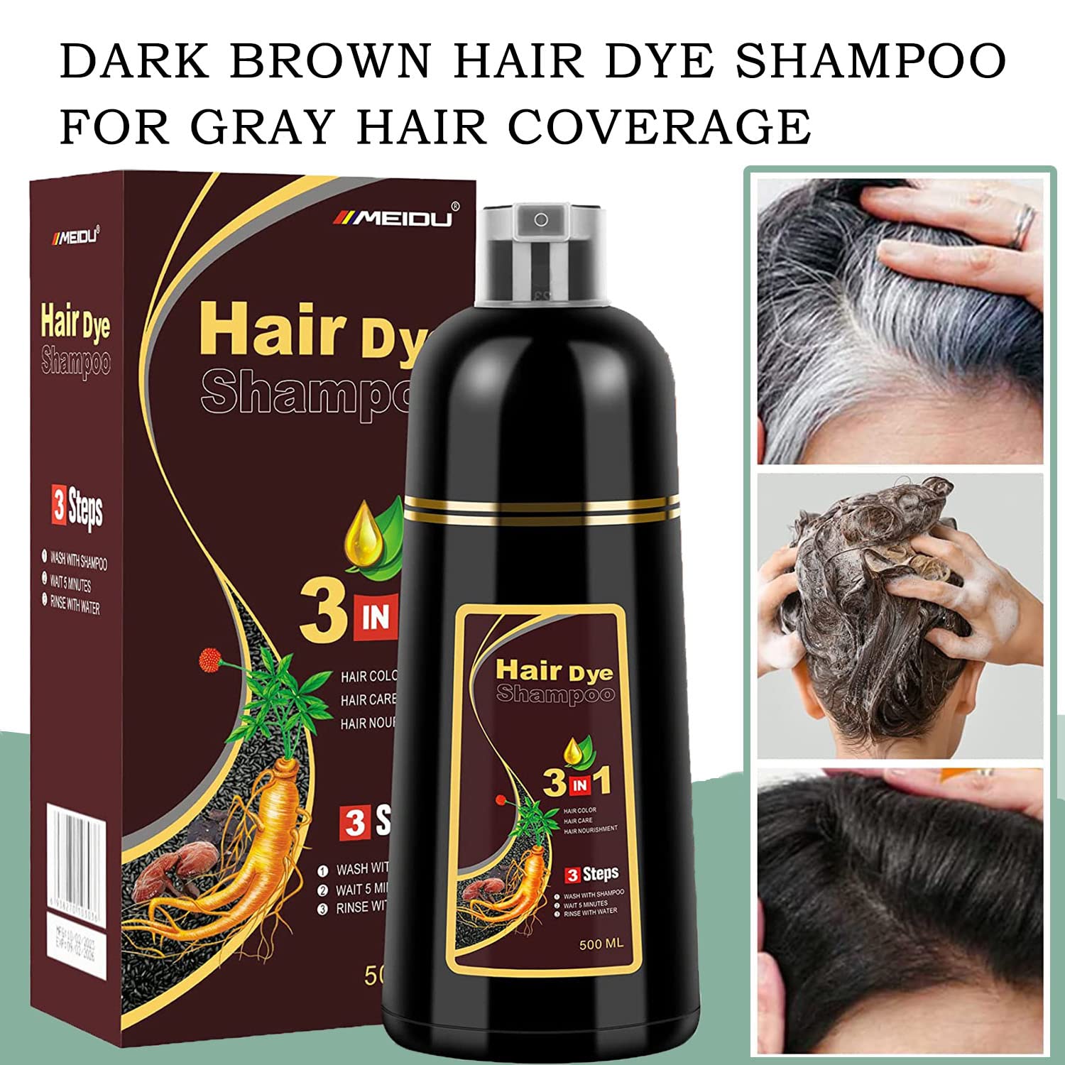Ivnil Brown Hair Dye Shampoo Gray Hair Coverage Champu Con Tinte Para Canas Hair Color Herbal 3 in 1 Men and Women,Instant Coloring in Minutes (Brown color)