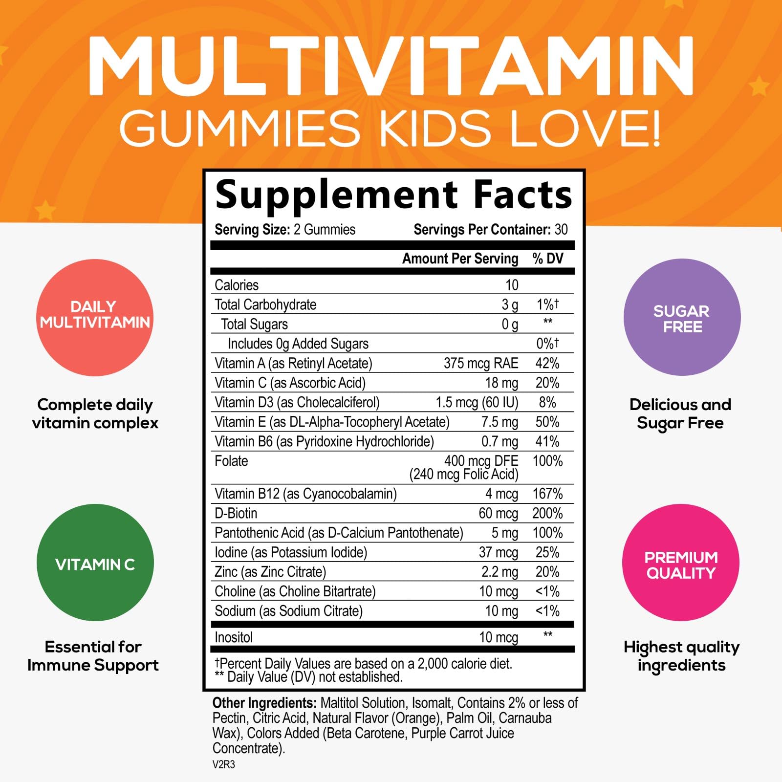 Vitamins for Kids Multivitamin Gummy, Childrens Vitamins Sugar-Free, Overall Health & Immune Support, Vitamin C, B6, B12, D3 & Zinc, Chewable Kids Multi Supplement, Orange Flavor, Non-GMO - 60 Gummies