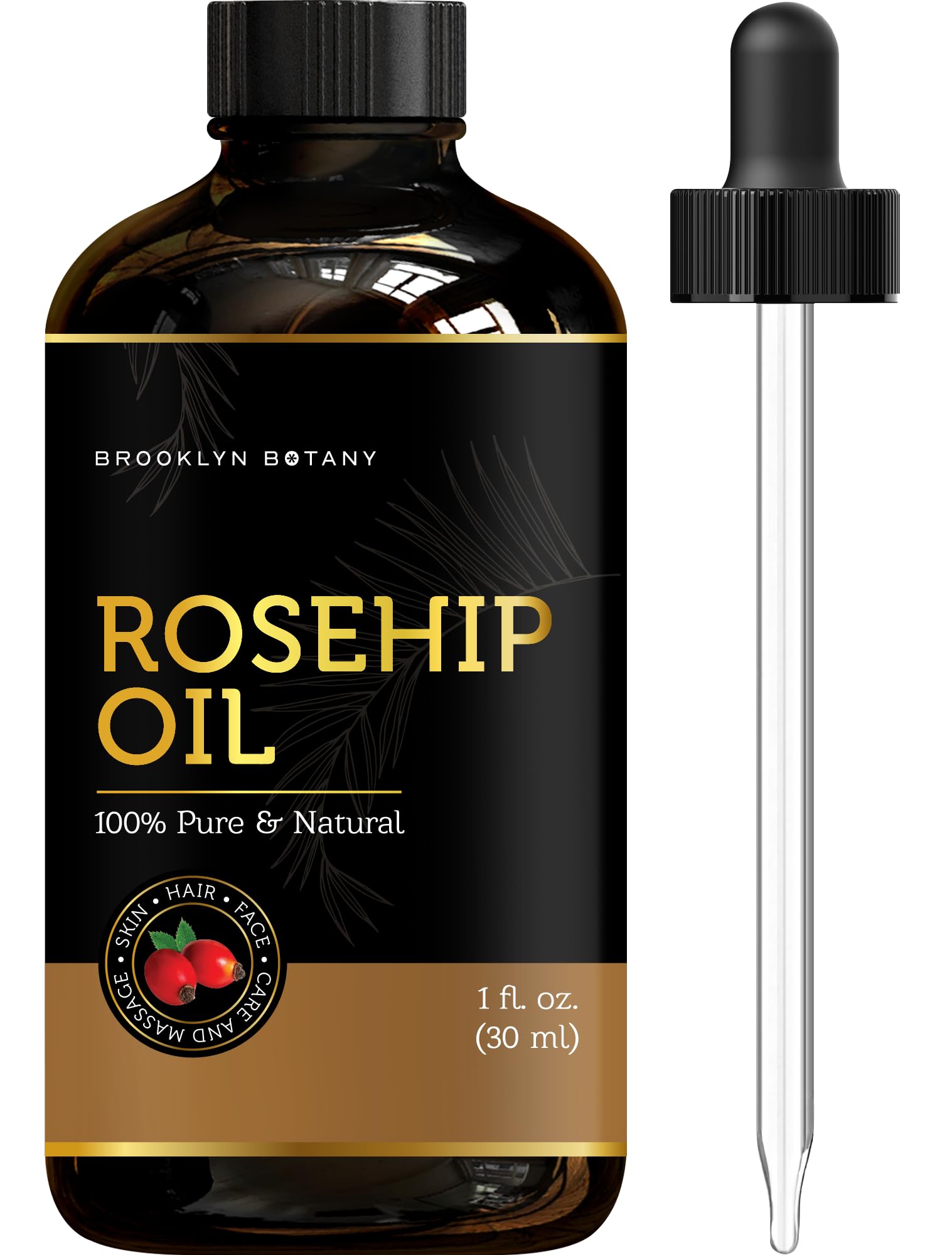 Brooklyn Botany Rosehip Oil for Face, Skin and Hair - 100% Pure and Natural Rosehip Seed Oil - Use as Carrier Oil for Essential Oils, Aromatherapy Oil, Massage Oil, Body Oil - 1 Fl Oz