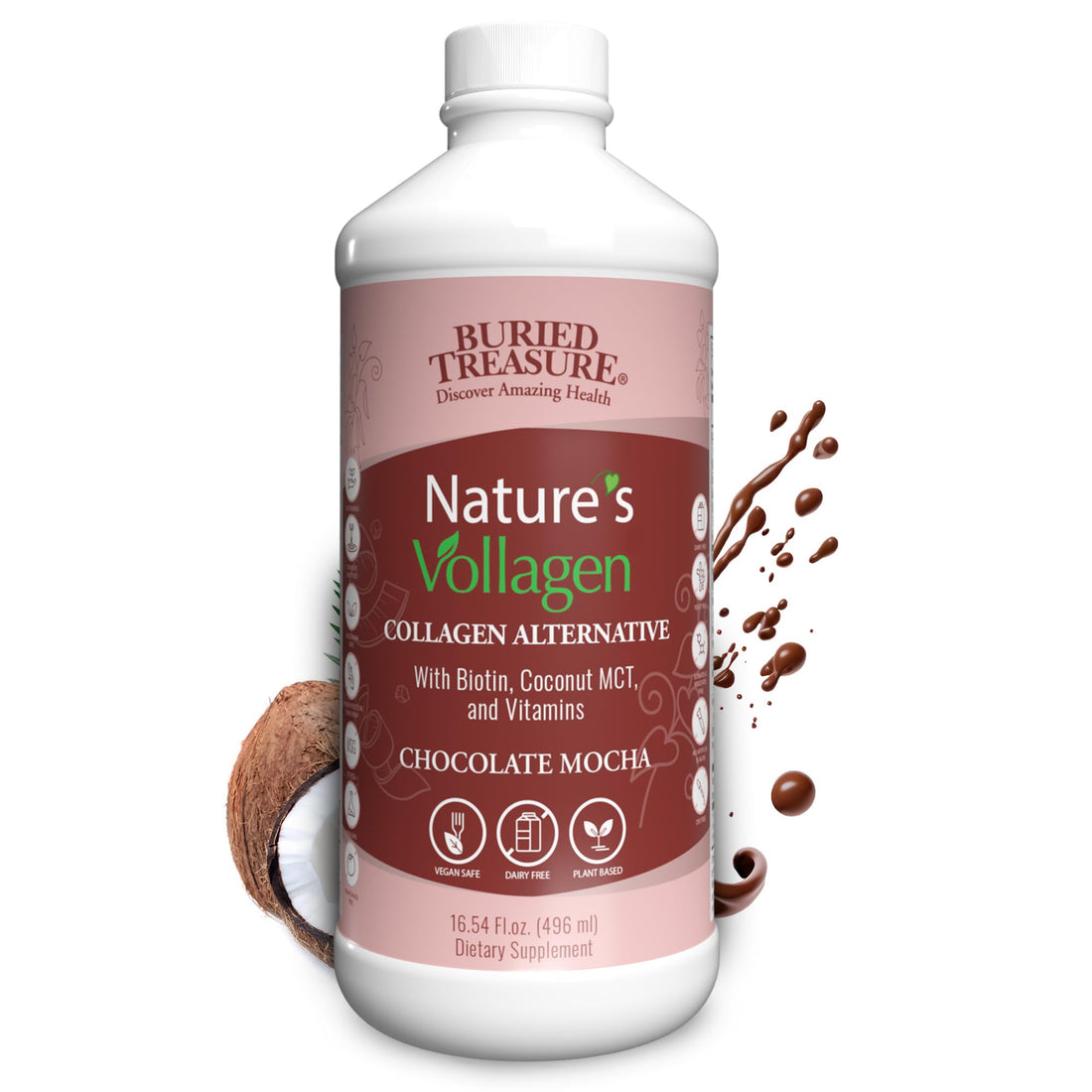 Buried Treasure Nature's Vollagen, Liquid Vegan Collagen, Biotin, MCT, Vitamin C, Hyaluronic Acid, Plant Based Collagen from Free Form Amino Acids, for Healthy Hair Skin and Nails Support for Women