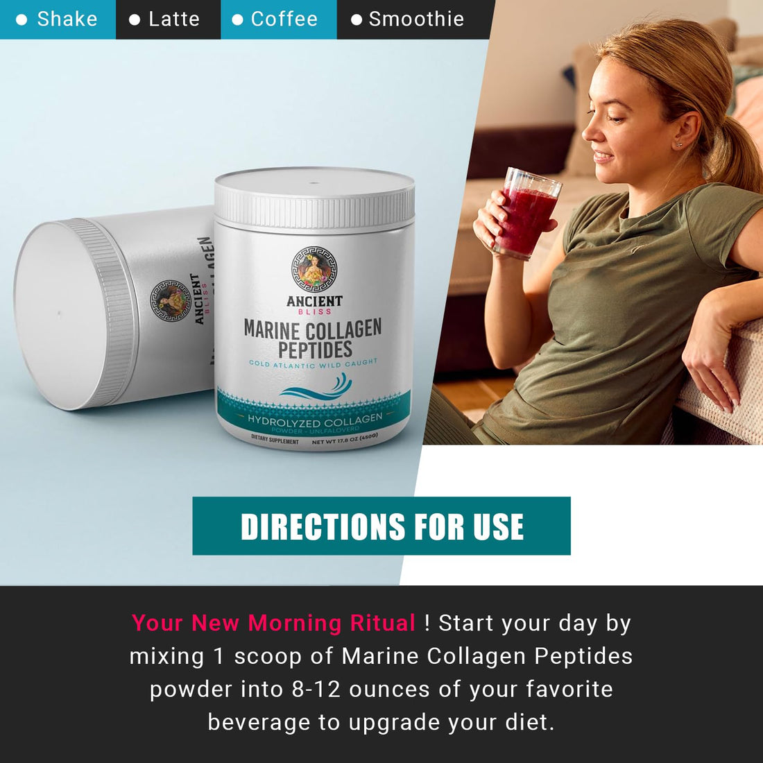 Ancient Bliss Wild-Caught Marine Fish Collagen Peptides Powder, Flavorless Collagen Protein Supplement with Type 1, Non-GMO, Gluten-Free, Amino Acid Supplement for Skin, Hair and Nails, 15.87 Oz