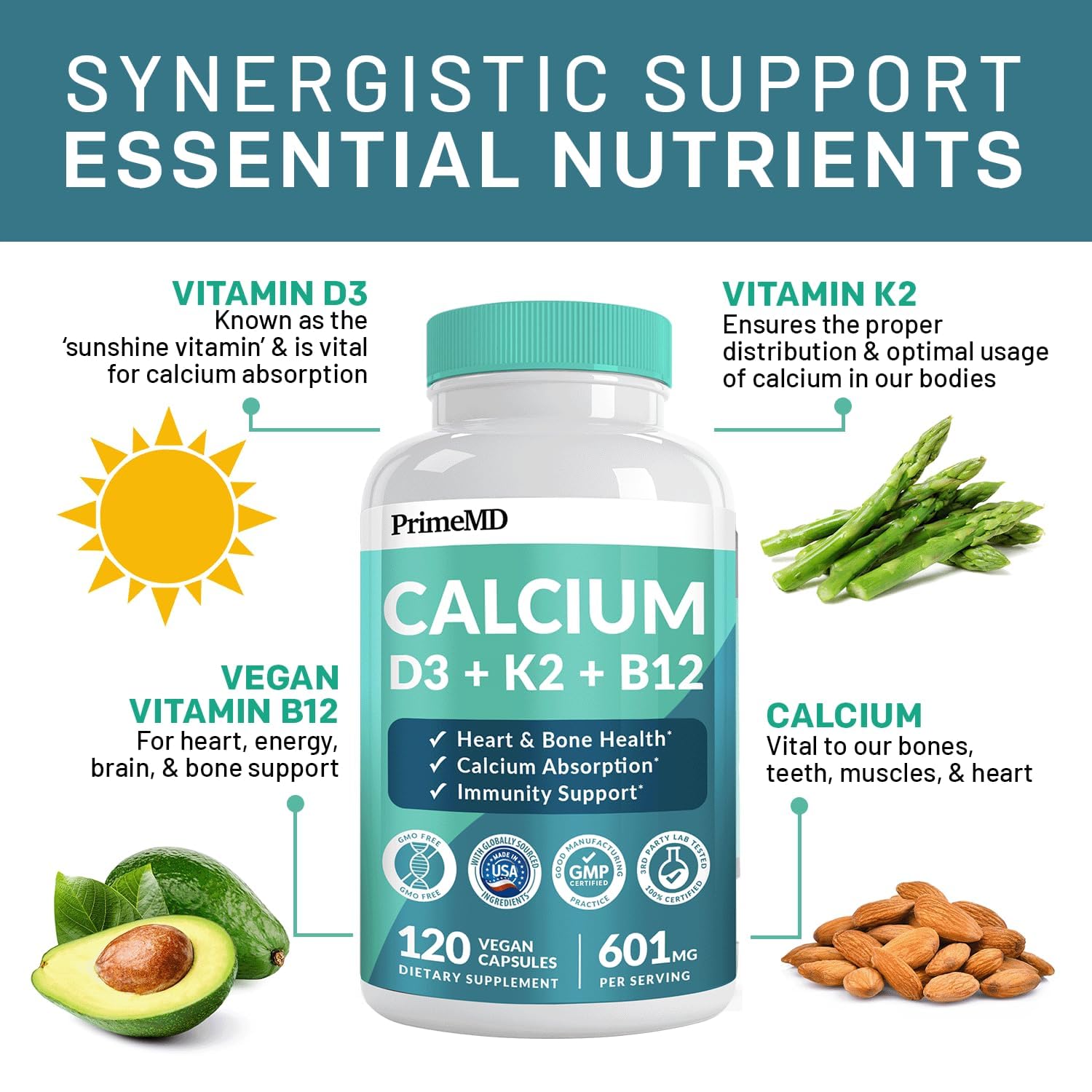 4-in-1 Calcium Supplements for Women and Men - Calcium 600mg with Vitamin D3 K2 5000 IU Supplement for Heart, Bone and Body Defenses - Gluten-Free, Vegan-Friendly (120 ct)