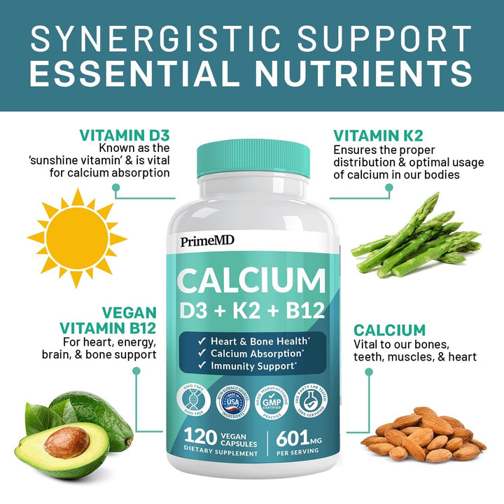 4-in-1 Calcium Supplements for Women and Men - Calcium 600mg with Vitamin D3 K2 5000 IU Supplement for Heart, Bone and Body Defenses - Gluten-Free, Vegan-Friendly (120 ct)