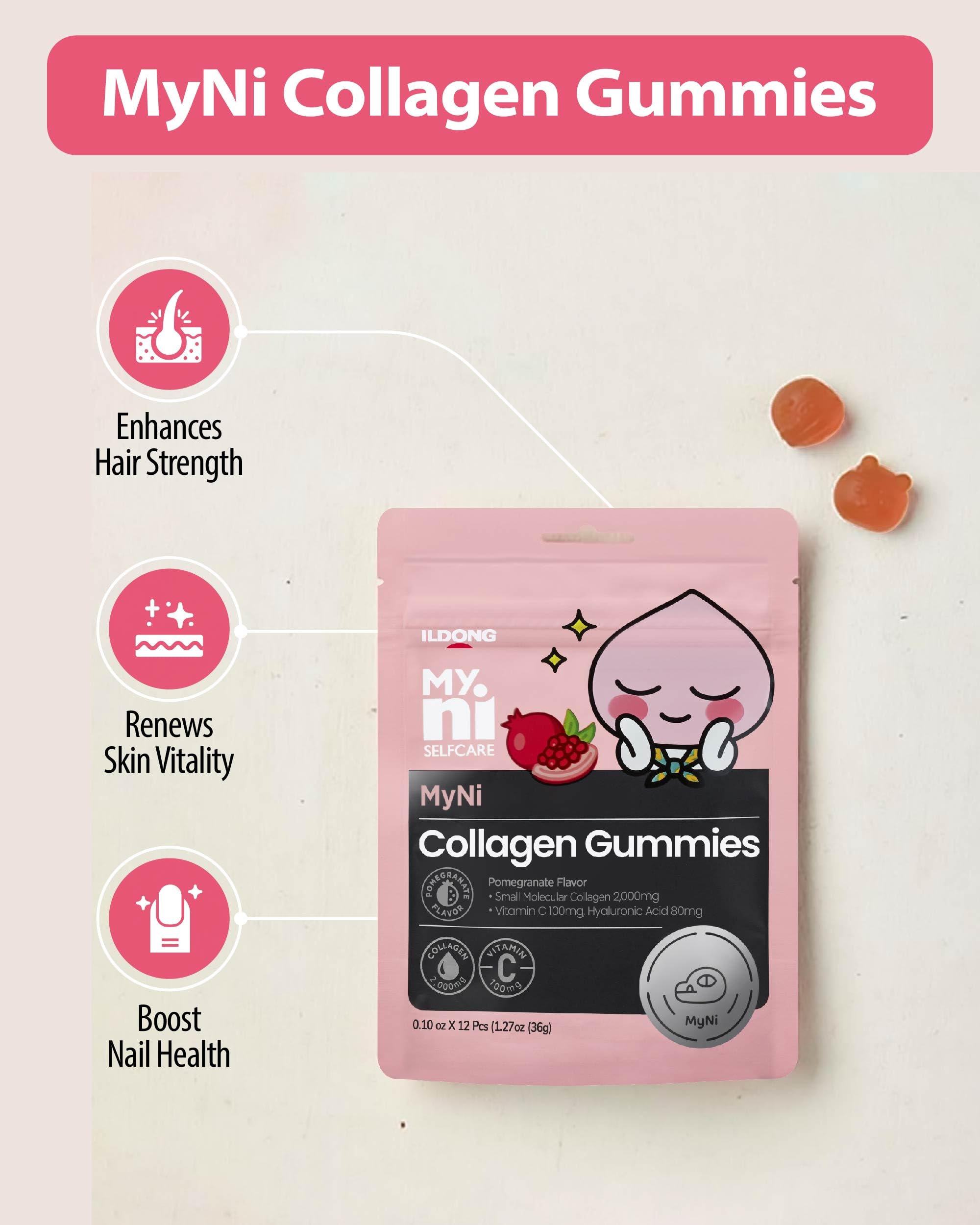 myni Collagen Gummies (12 Count) - Marine Collagen Supplement 2,000mg, Low-Molecular Weight Fish Collagen for Skin, Hair & Nails by Ildong. Vitamin C, Hyaluronic Acid.