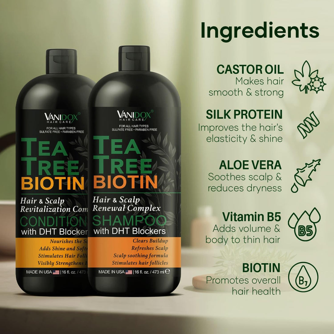 VANIDOX Tea Tree Shampoo and Conditioner Set With Biotin for Itchy and Dry Scalp - Sulfate and Paraben Free - 100% Pure Tea Tree Oil - 16 fl. oz. Each