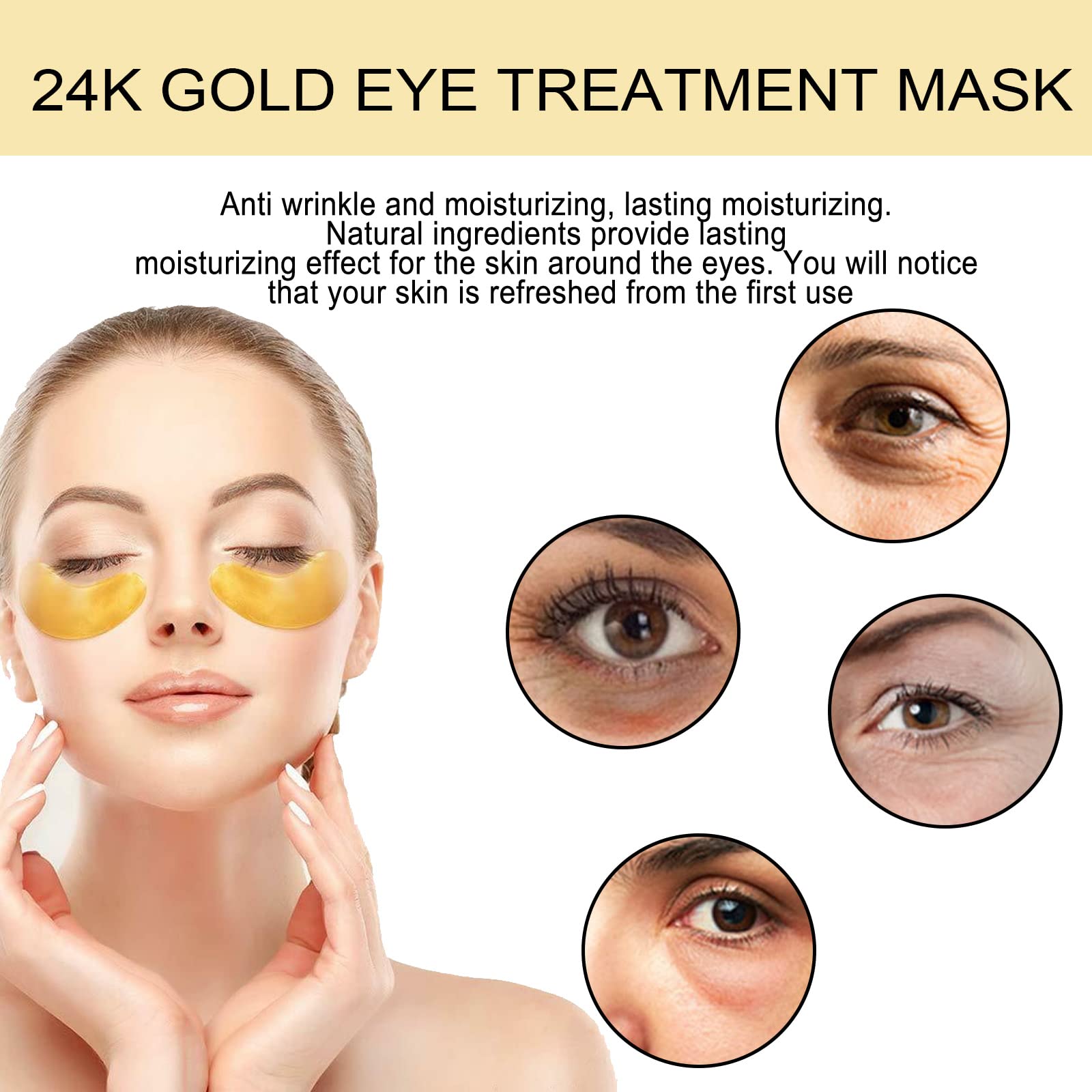 Q.Z.Art 60 Pcs 24K Gold Under Eye Patches, Anti-Aging Eye Mask Infused with Collagen and Hyaluronic Acid - Reduce Dark Circles, Puffiness, and Wrinkles