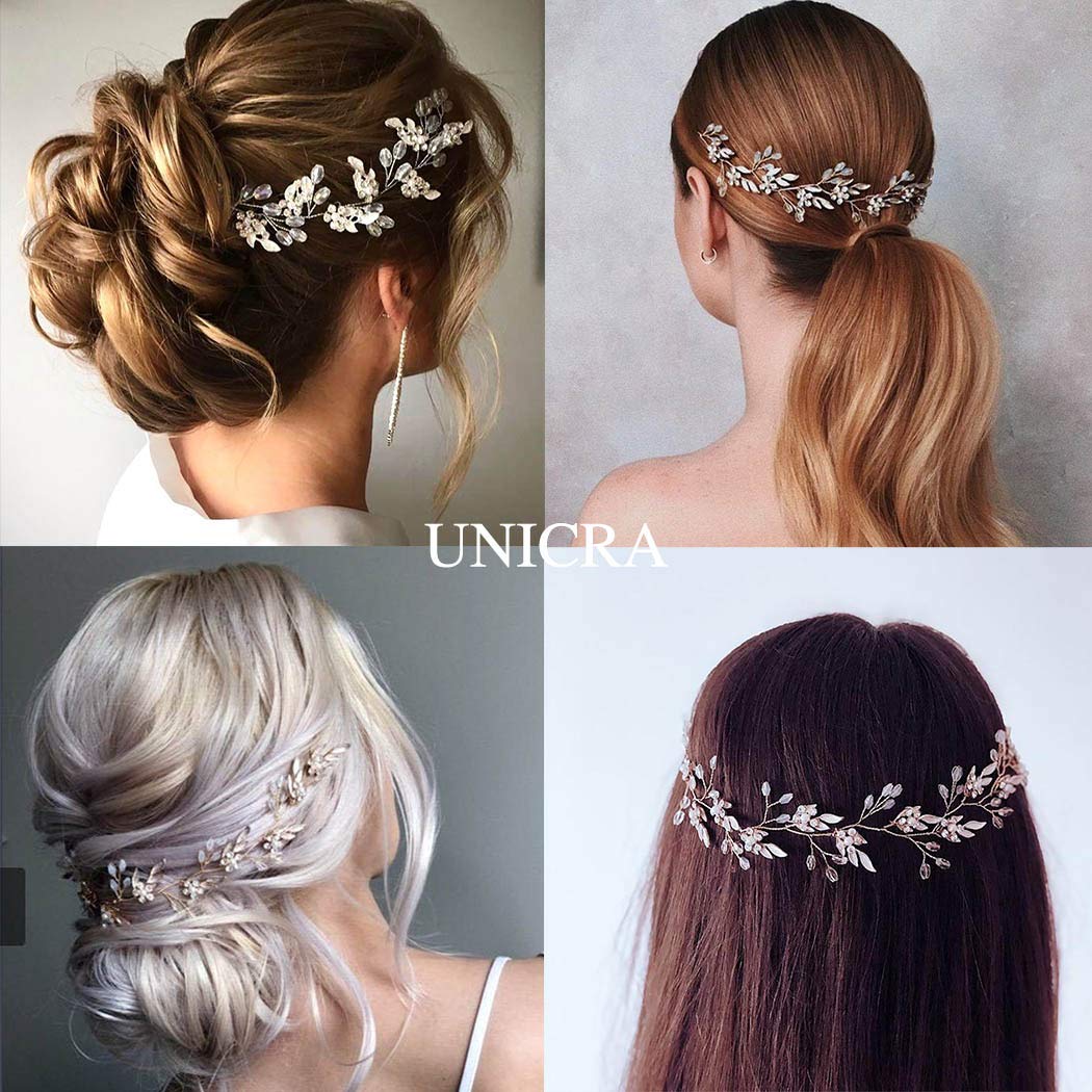 Unicra Leaf Wedding Hair Vine Flower Bridal Hair Piece Crystal Rhinestone Long Headband for Women and Girls (Silver)
