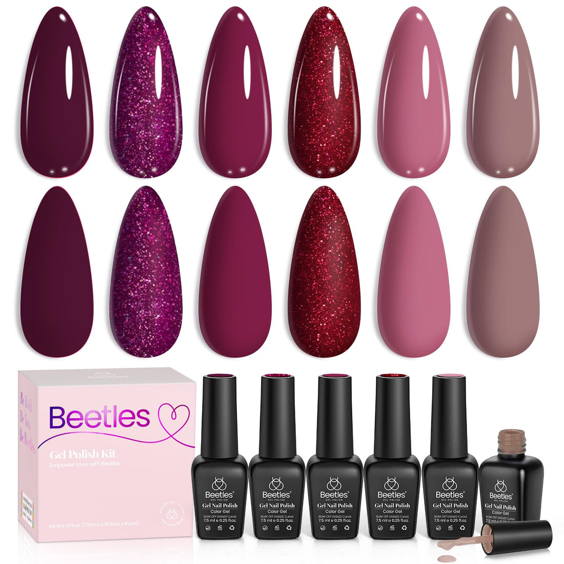 beetles Burgundy Gel Polish Set - Berry Merlot 6 Colors Polish Gel, Cherry Mocha Red Glitter Fall Winter Dark Purple Wine Nails Color, U V LED Soak Off Home DIY Manicure Nail Salon