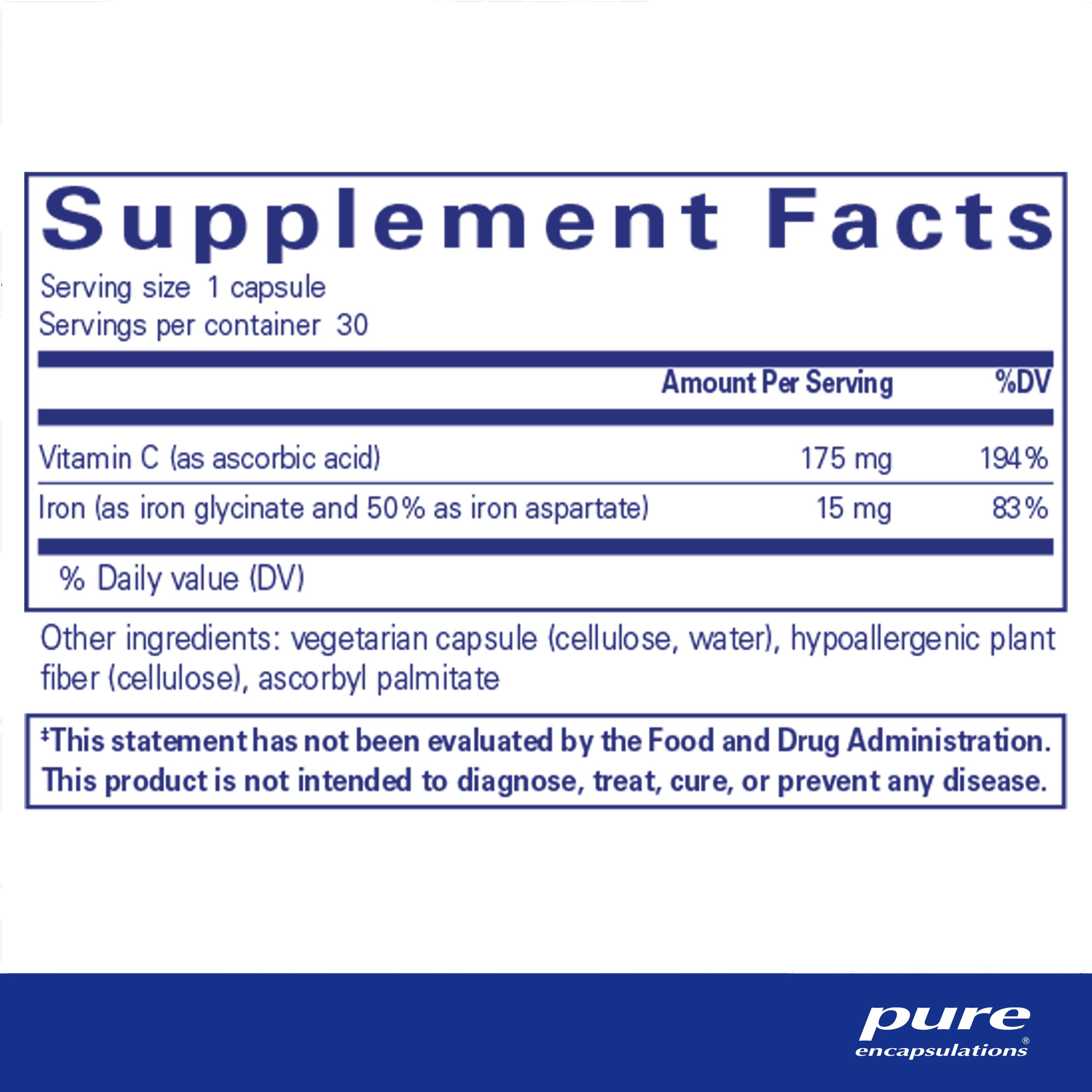 Pure Encapsulations Iron-C - 15 mg - 175 mg Vitamin C - Red Blood Cell Support* - Energy Production - Highly Bioavailable Iron Pill - Gluten Free & Vegan - 30 Capsules