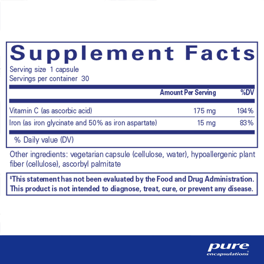 Pure Encapsulations Iron-C - 15 mg - 175 mg Vitamin C - Red Blood Cell Support* - Energy Production - Highly Bioavailable Iron Pill - Gluten Free & Vegan - 30 Capsules