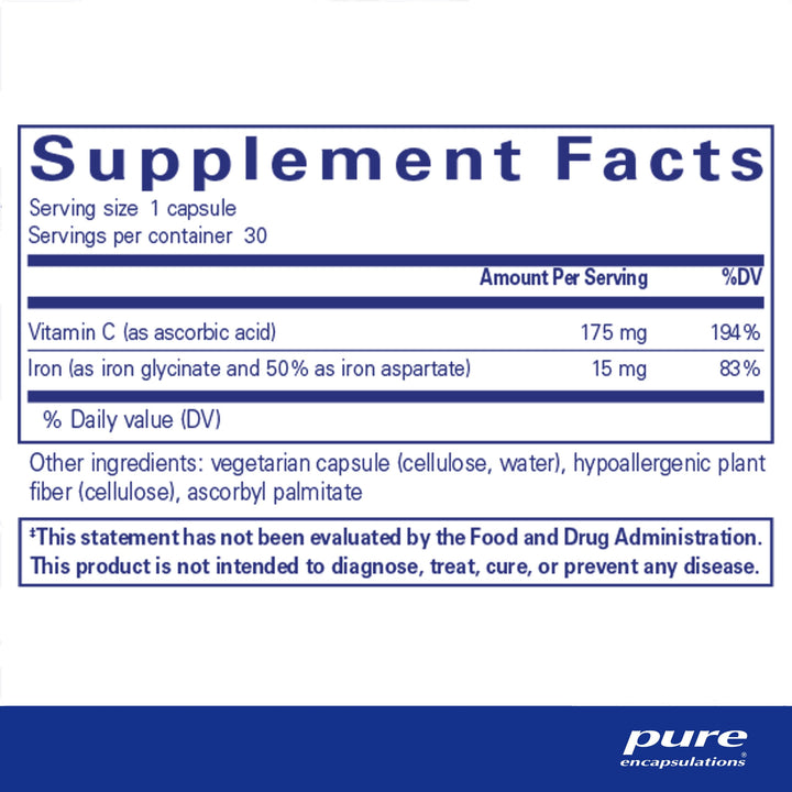 Pure Encapsulations Iron-C - 15 mg - 175 mg Vitamin C - Red Blood Cell Support* - Energy Production - Highly Bioavailable Iron Pill - Gluten Free & Vegan - 30 Capsules