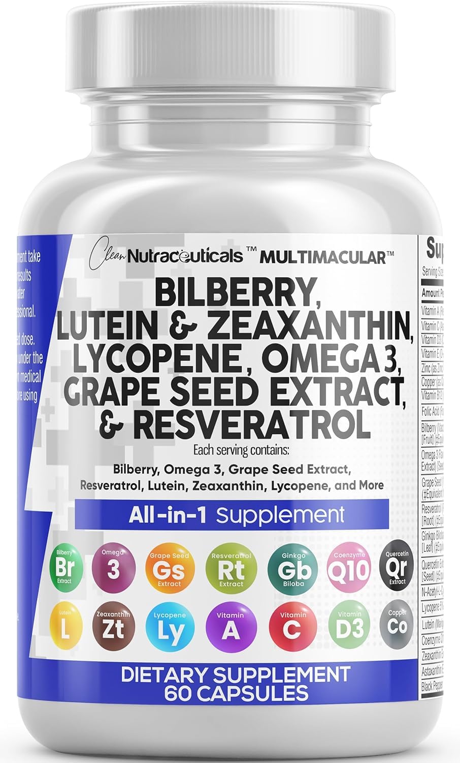 Clean Nutraceuticals Eye Health Vitamins with Bilberry Lutein & Zeaxanthin 40mg Lycopene 40mg Resveratrol Grape Seed Extract Omega 3 Astaxanthin - Eye Vitamin - 60 Capsules