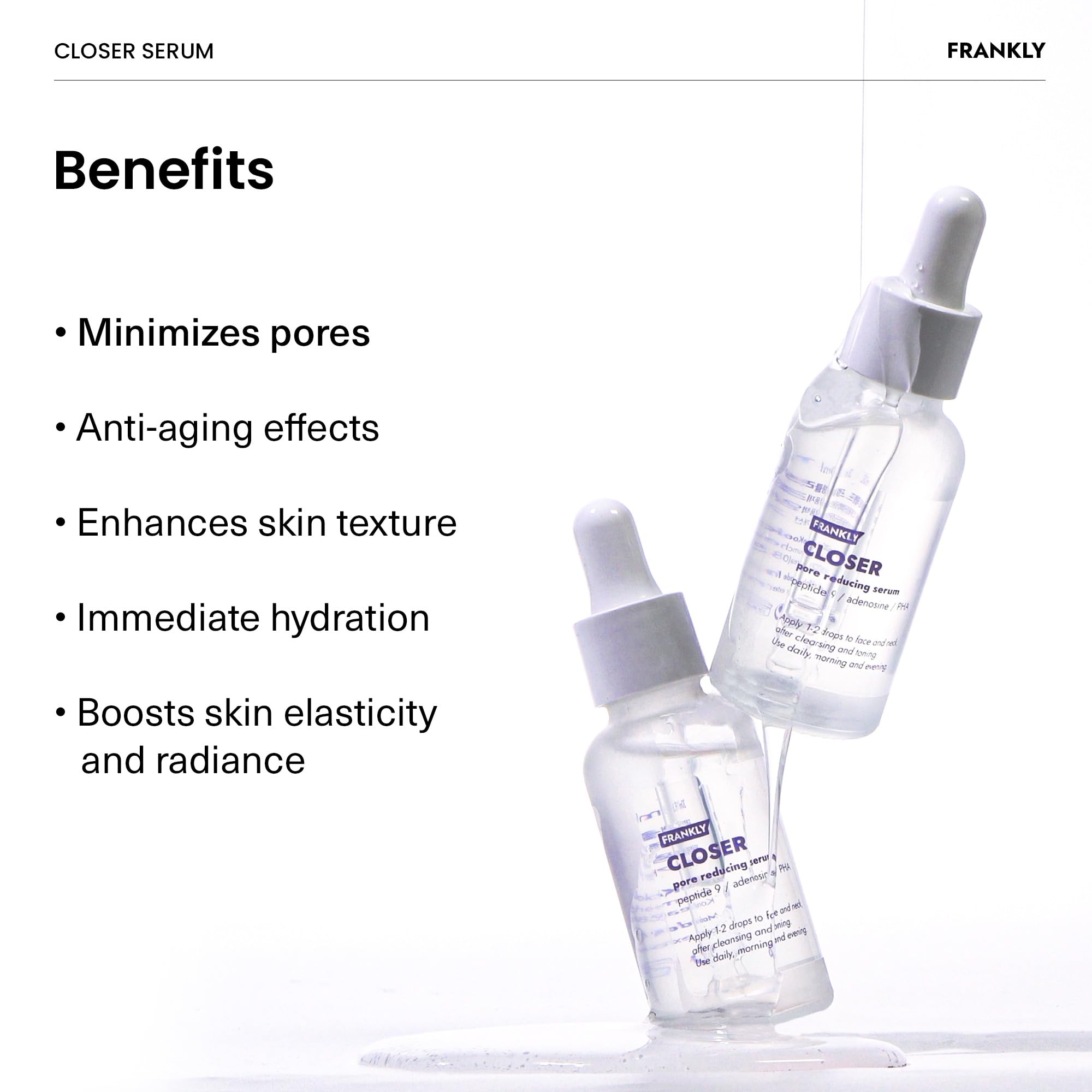 FRANKLY Closer Serum | Pore Minimizer Serum | 9 Peptides, Vegan Collagen, Adenosine, PHA | Korean Pore Minimizer for Glass Skin, Anti-Aging, Hydration, Elasticity | 1.01 fl oz