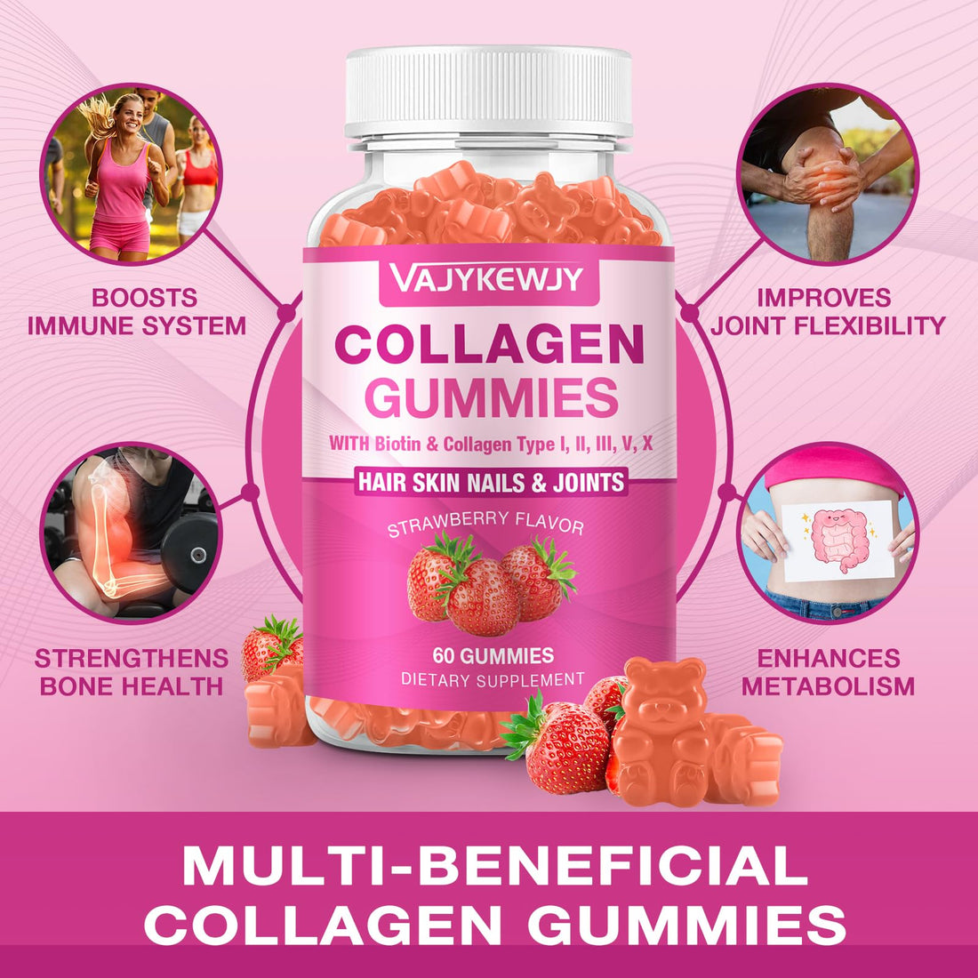 VAJYKEWJY Vegan Collagen Gummies for Women & Men - with Biotin, Vitamin C, & Zinc for Skin Radiance, Hair Growth, Strong Nails, & Joint Support, 60 Count