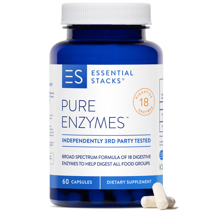 Essential Stacks Pure Digestive Enzymes (Gluten, Dairy & Soy Free) - 18 Enzymes for Digestion incl. Amylase, Lipase & Lactase - Vegetarian & Non-GMO (60 Capsules)