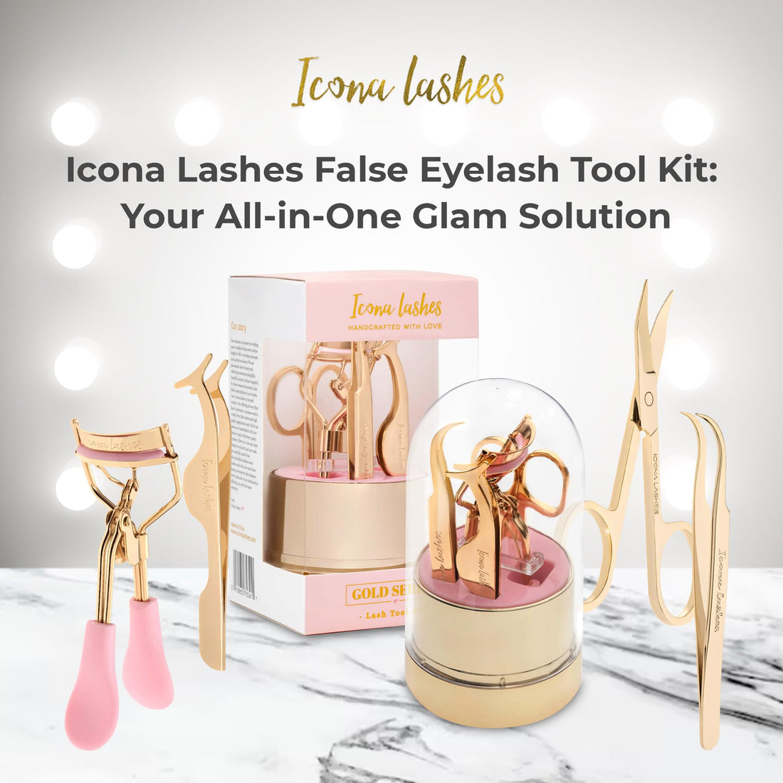 False Eyelash Tool Kit | Lash Applicator, Tweezers, Scissors & Lash Curler | 24k Gold Plated Surgical Grade Stainless Steel | 4 Tools, Beautifully Gift Boxed by Icona Lashes