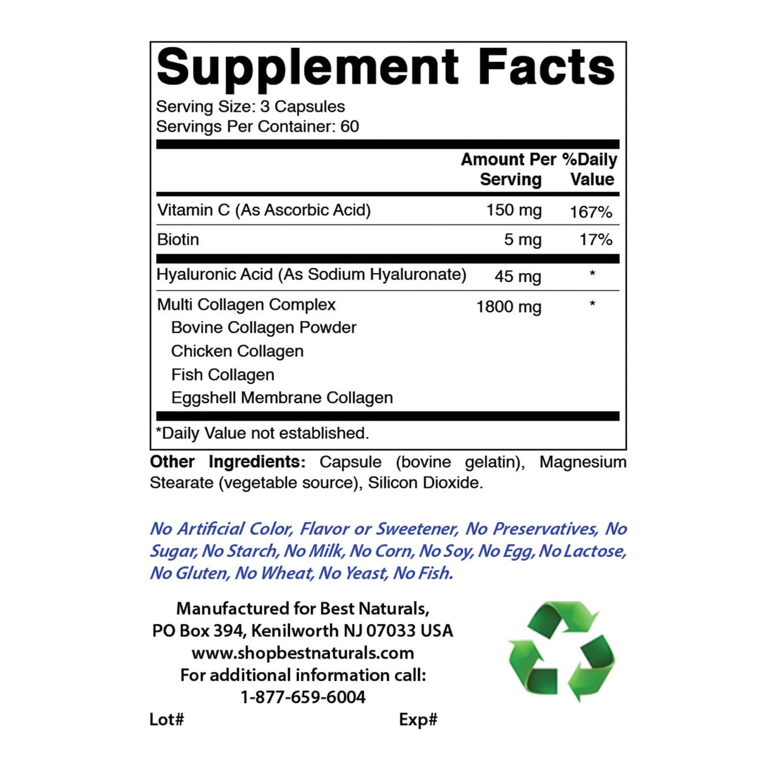 Best Naturals Multi Collagen Pills 2000mg for Women & Men - Hydrolyzed Collagen Peptides Capsules for Hair Skin and Nails with Types I II III V X, Biotin, Hyaluronic Acid & Vitamin C