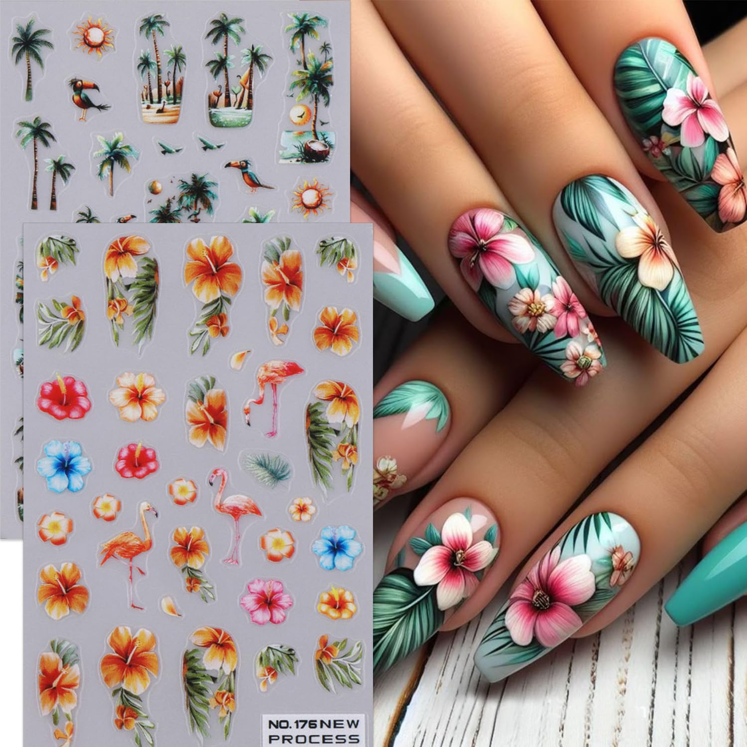 Summer Nail Art Stickers Palm Coconut Tree Nail Stickers Beach Ocean Theme Nail Decals 4PCS 3D Self-Adhesive Tropical Flower Leaf Flamingo Nail Designs Sticker Charms for Women Decorations