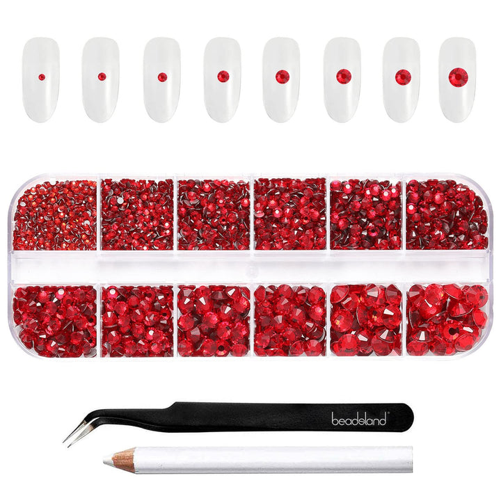 Beadsland 2500pcs Red Rhinestones, Flatback Gems Round Red Crystal Rhinestones for Crafts Mixed 8 Sizes SS4~SS30 with Picking Tweezer and Pen (Siam)