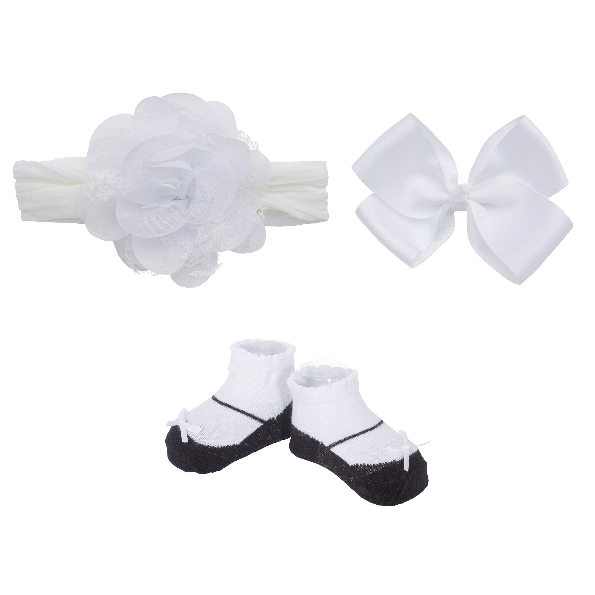 Little Me Baby Girl Booties w/Head Wrap and Grosgrain Bow Clip Set, White, 0-12 Months