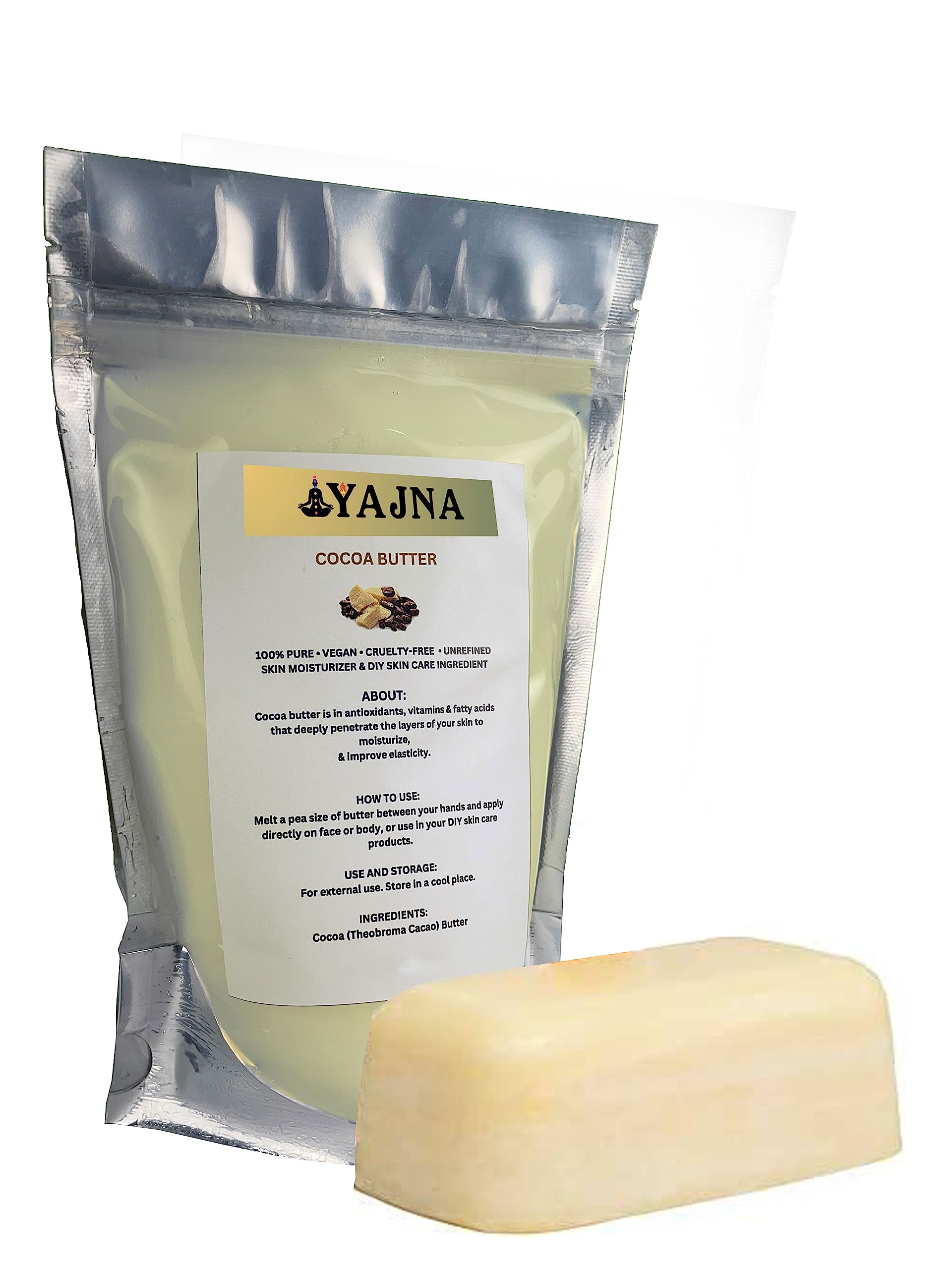 Yajna Organic Raw Cocoa Butter 100% Pure,Natural & Unrefined| Skin Moisturizer For Face, Body & Hair| 8 OZ/230 GM Ivory/White Grade A | DIY Creams, Balms, Lotions, Soaps| Softens Dry & Tough Skin