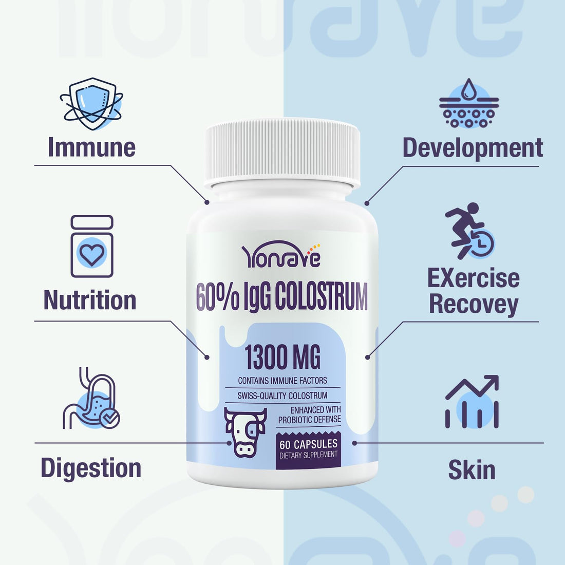 Yonrave Bovine Colostrum Capsules Supplement 1300mg - Extra High 60% IgG Bovine Colostrum - Gut, Bone, Exercise, Immune - 60 Capsules