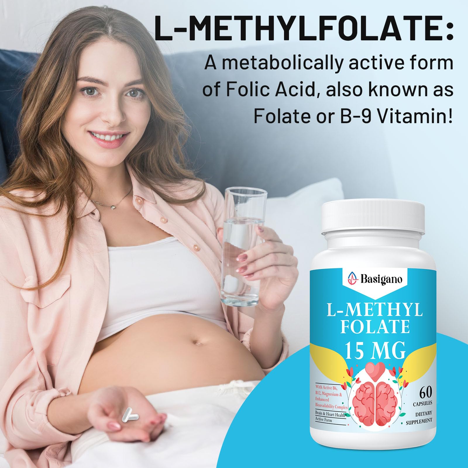 Basigano L Methylfolate 15mg (5-MTHF) - Active Folic Acid with B6 and B12 - Vegan, Gluten-Free, Dairy-Free (1 Pack)