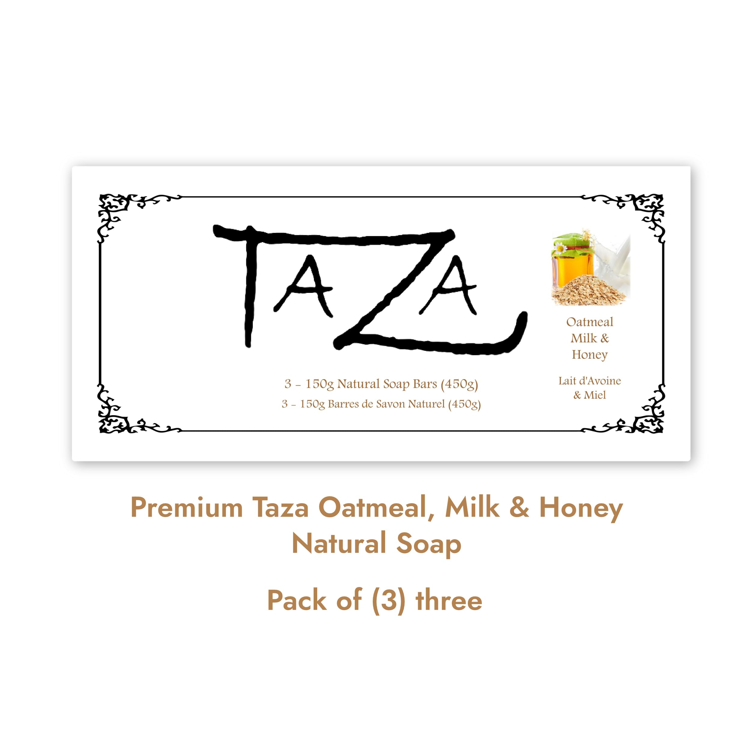 Taza Premium Oatmeal Milk & Honey Natural Soap (Pack of 3) ea. 5.3 oz (150 g) Radiant Skin Contains: Coconut, Olive, and Palm Fruit Oils, Shea Butter, Kaolin Clay, Oats, Honey, Goats Milk
