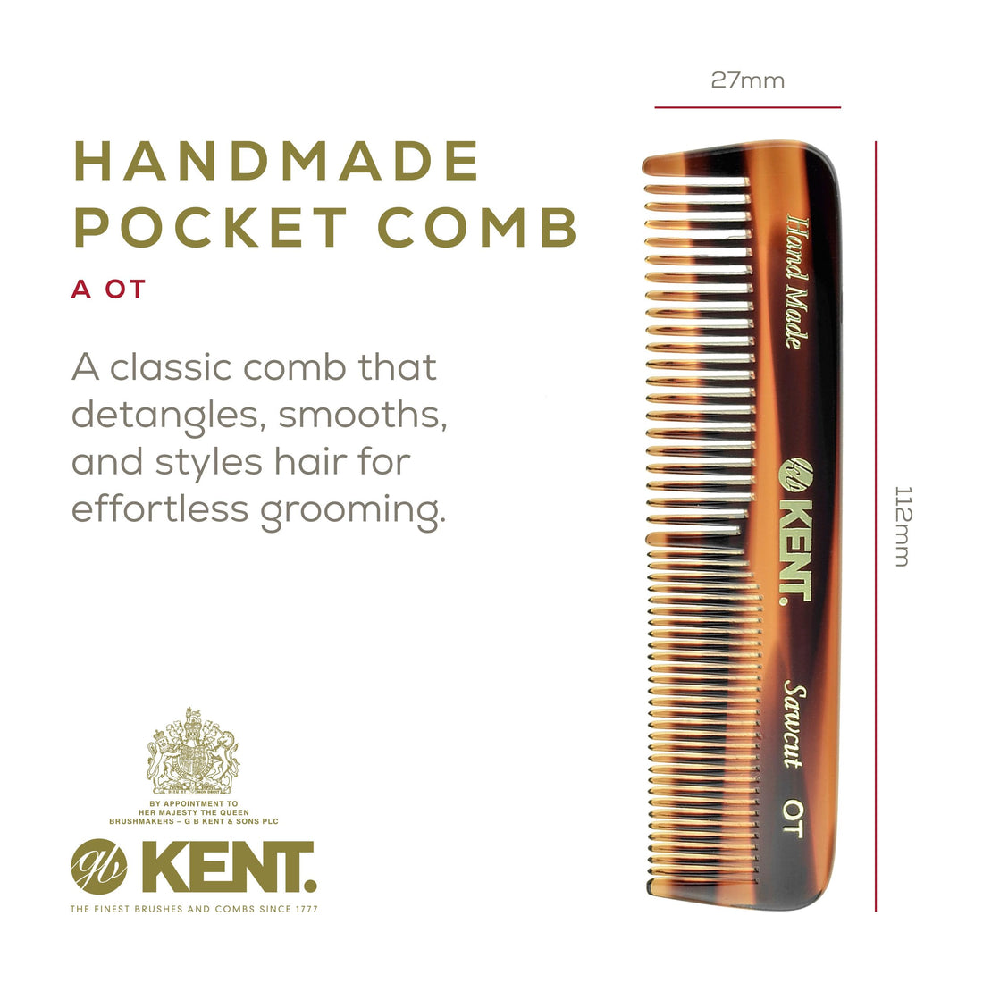 Kent AOT- Mens Coarse & Fine Toothed Small 113mm/4.45 Handmade Pocket Comb